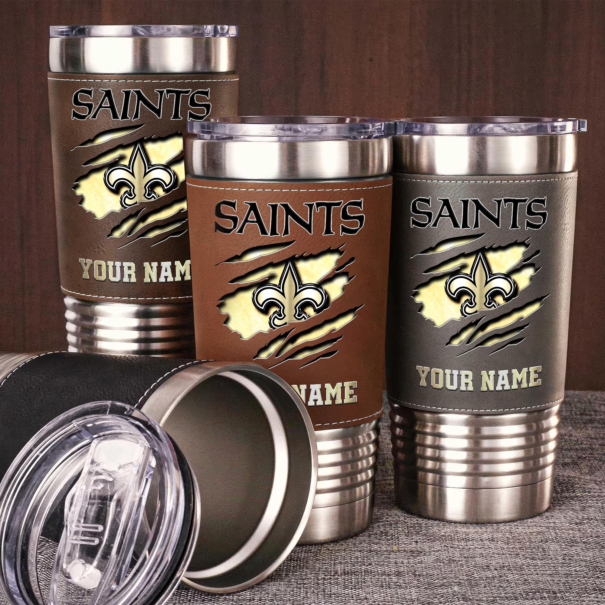 New Orleans Saints 20 Oz Leather Tumbler Custom Your Name, Sport Gift For Fans EHIVM-05222305N