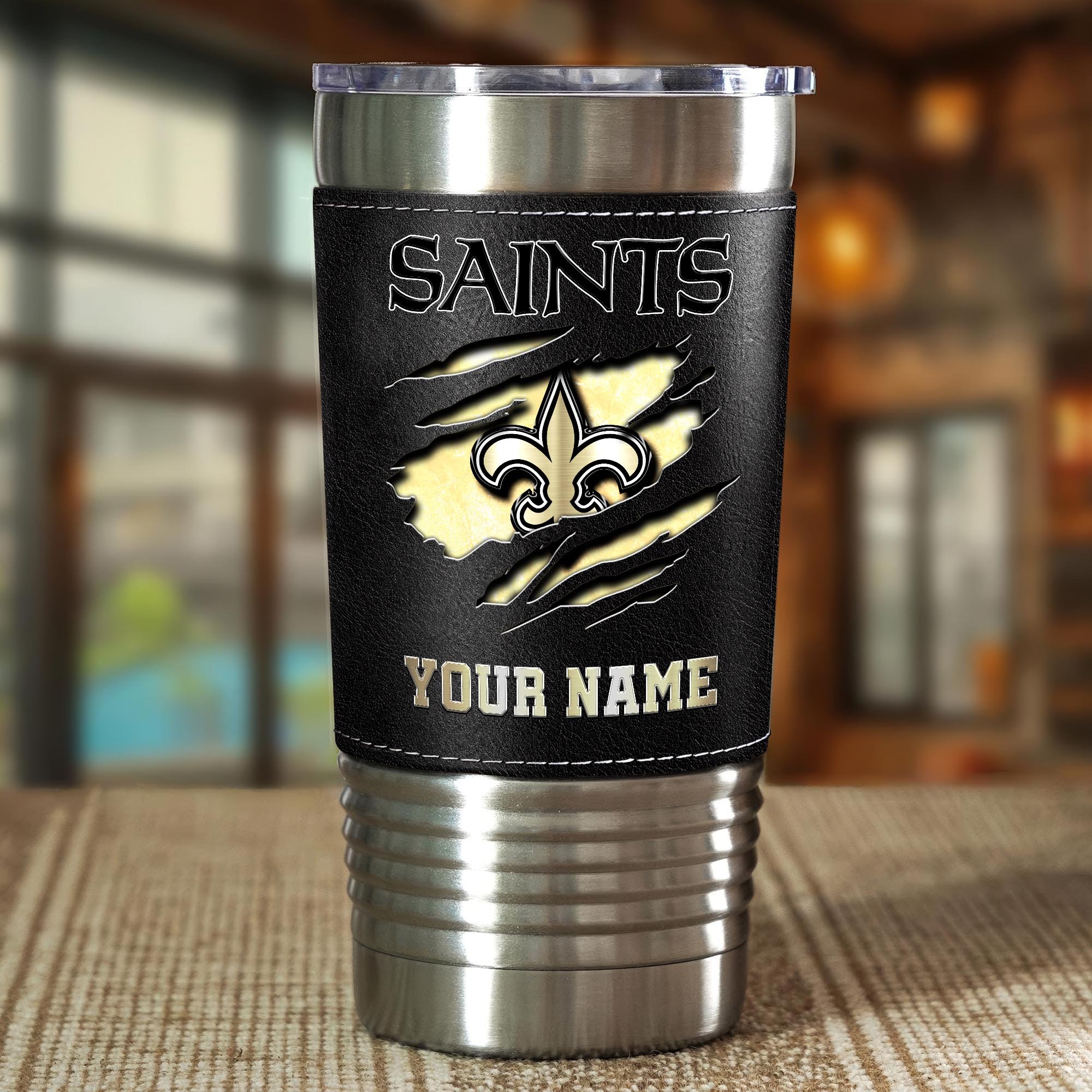 Alternative view of New Orleans Saints 20 Oz Leather Tumbler Custom Your Name, Sport Gift For Fans EHIVM-05222305N