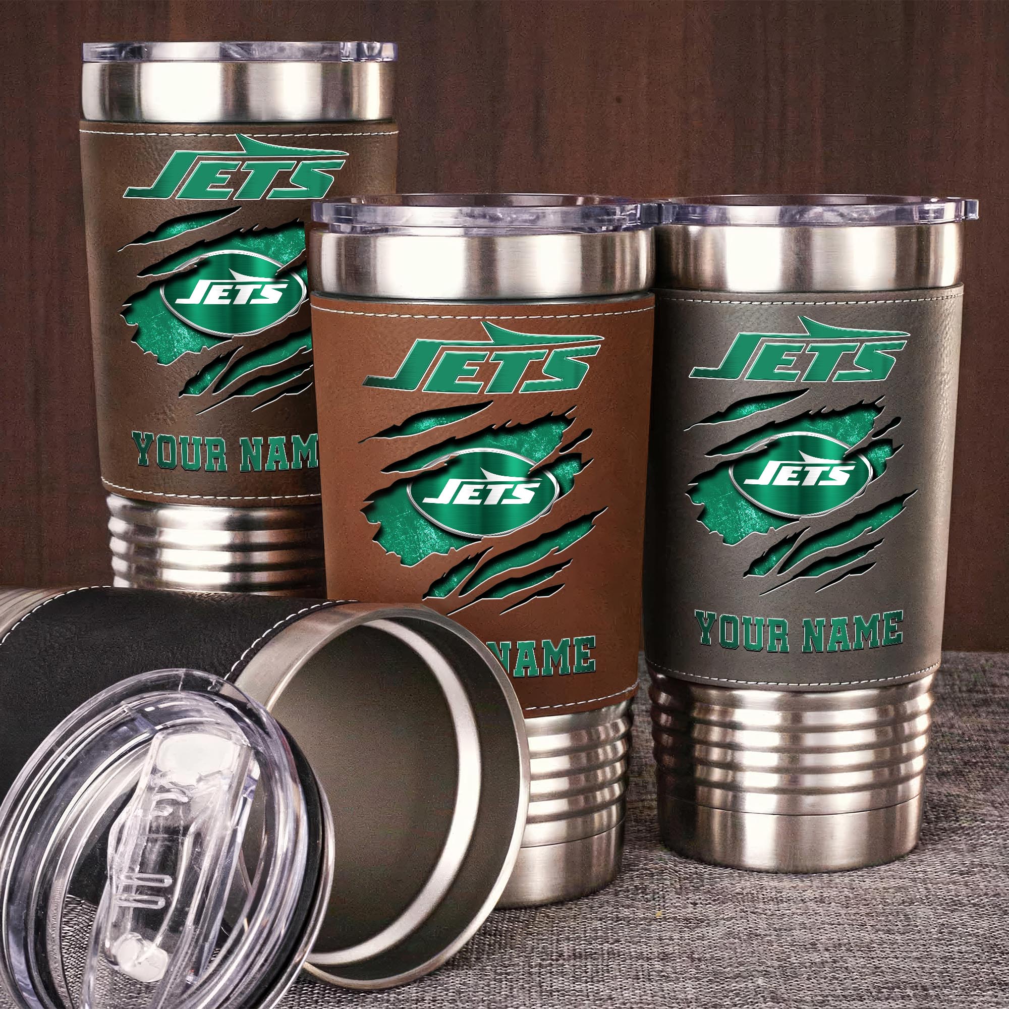 New York Jets 20 Oz Leather Tumbler Custom Your Name, Sport Gift For Fans EHIVM-05222305N