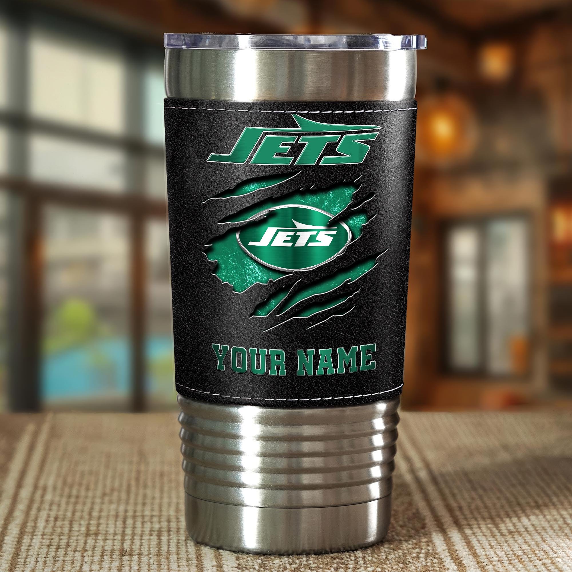 Alternative view of New York Jets 20 Oz Leather Tumbler Custom Your Name, Sport Gift For Fans EHIVM-05222305N