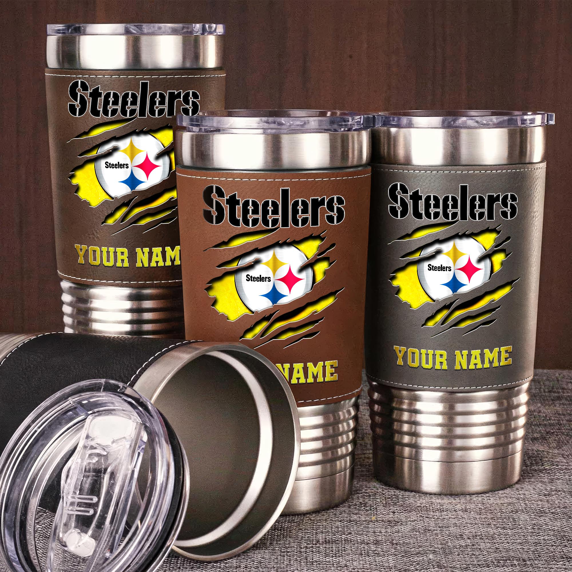 Pittsburgh Steelers 20 Oz Leather Tumbler Custom Your Name, Sport Gift For Fans EHIVM-05222305N