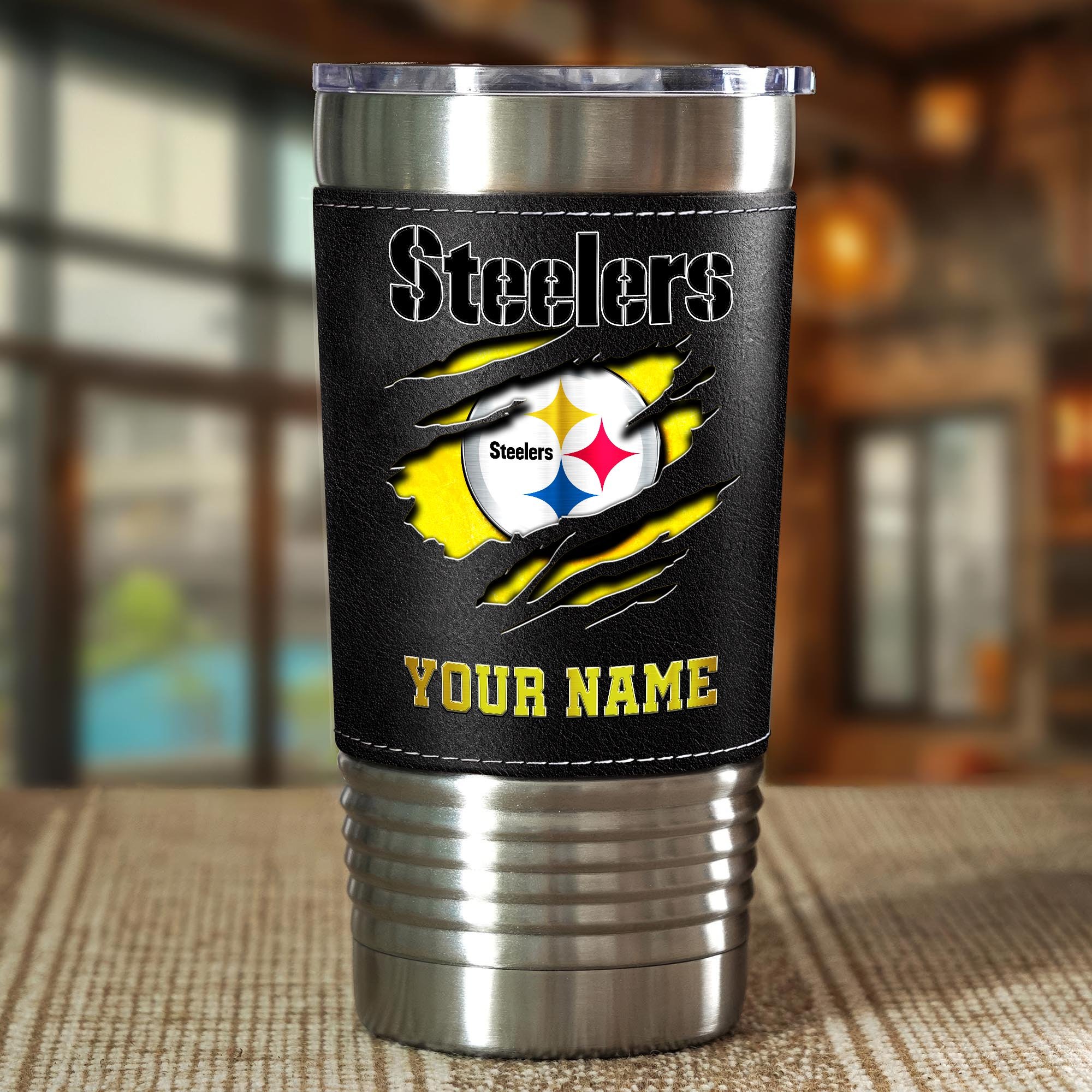Alternative view of Pittsburgh Steelers 20 Oz Leather Tumbler Custom Your Name, Sport Gift For Fans EHIVM-05222305N
