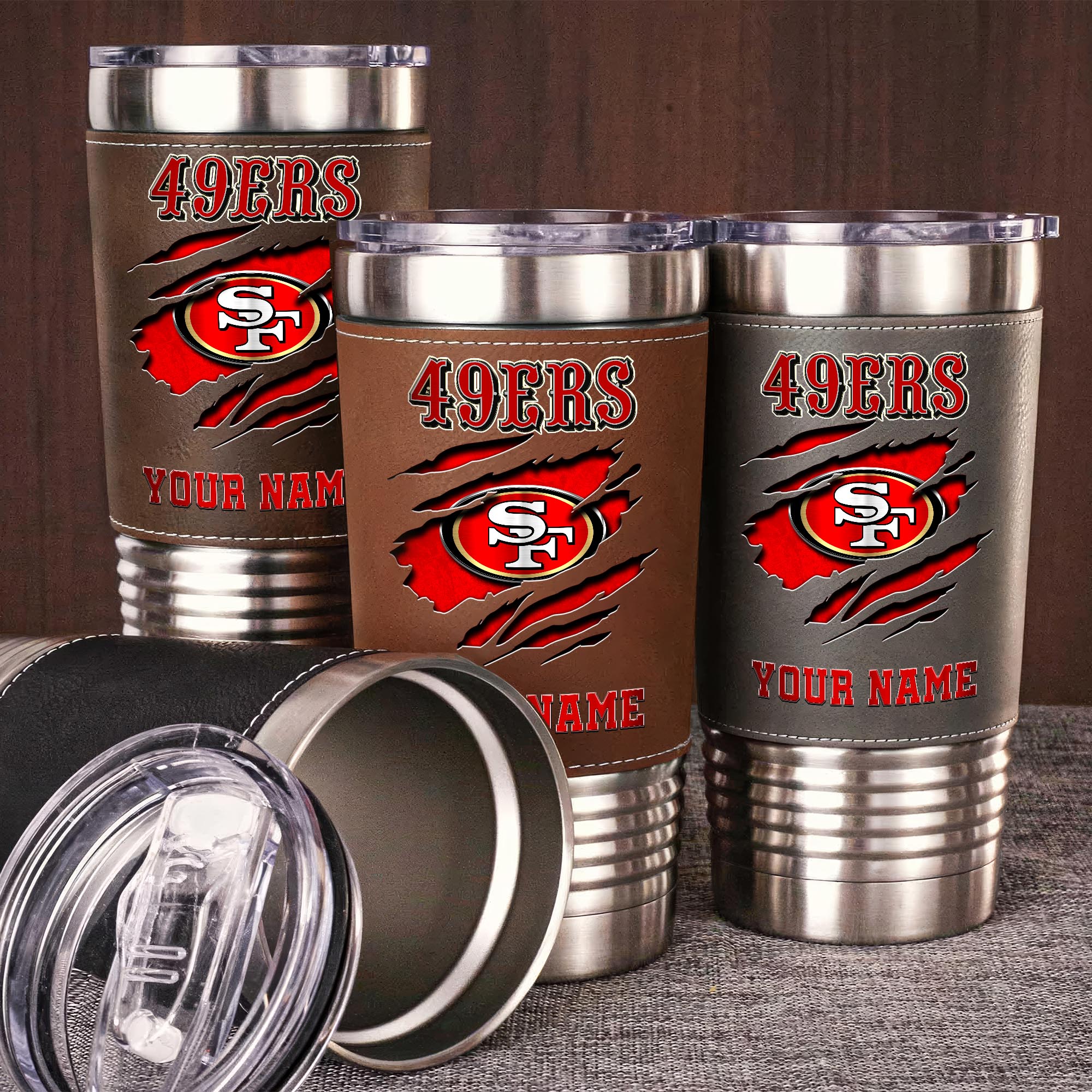 San Francisco 49ers 20 Oz Leather Tumbler Custom Your Name, Sport Gift For Fans EHIVM-05222305N