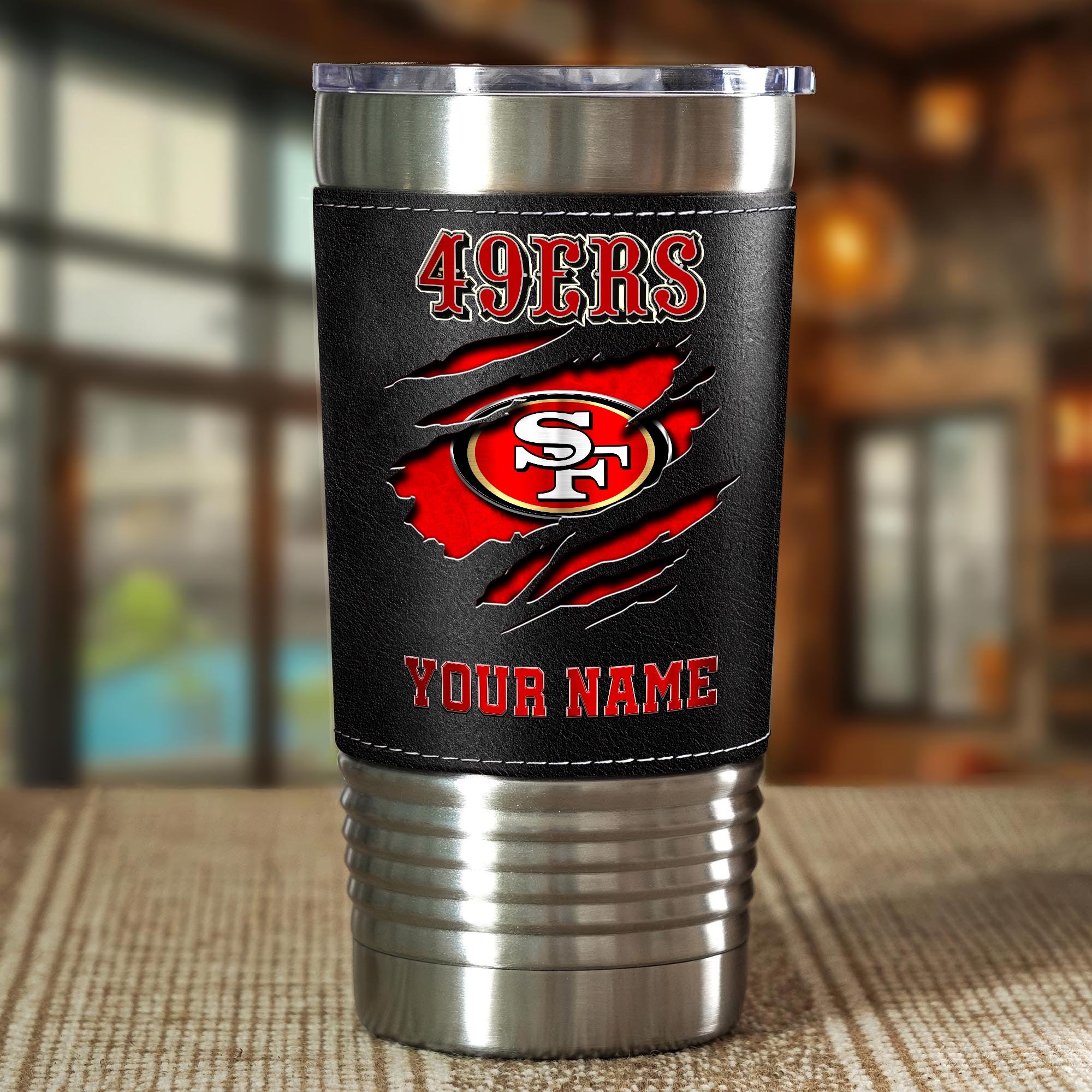 Alternative view of San Francisco 49ers 20 Oz Leather Tumbler Custom Your Name, Sport Gift For Fans EHIVM-05222305N
