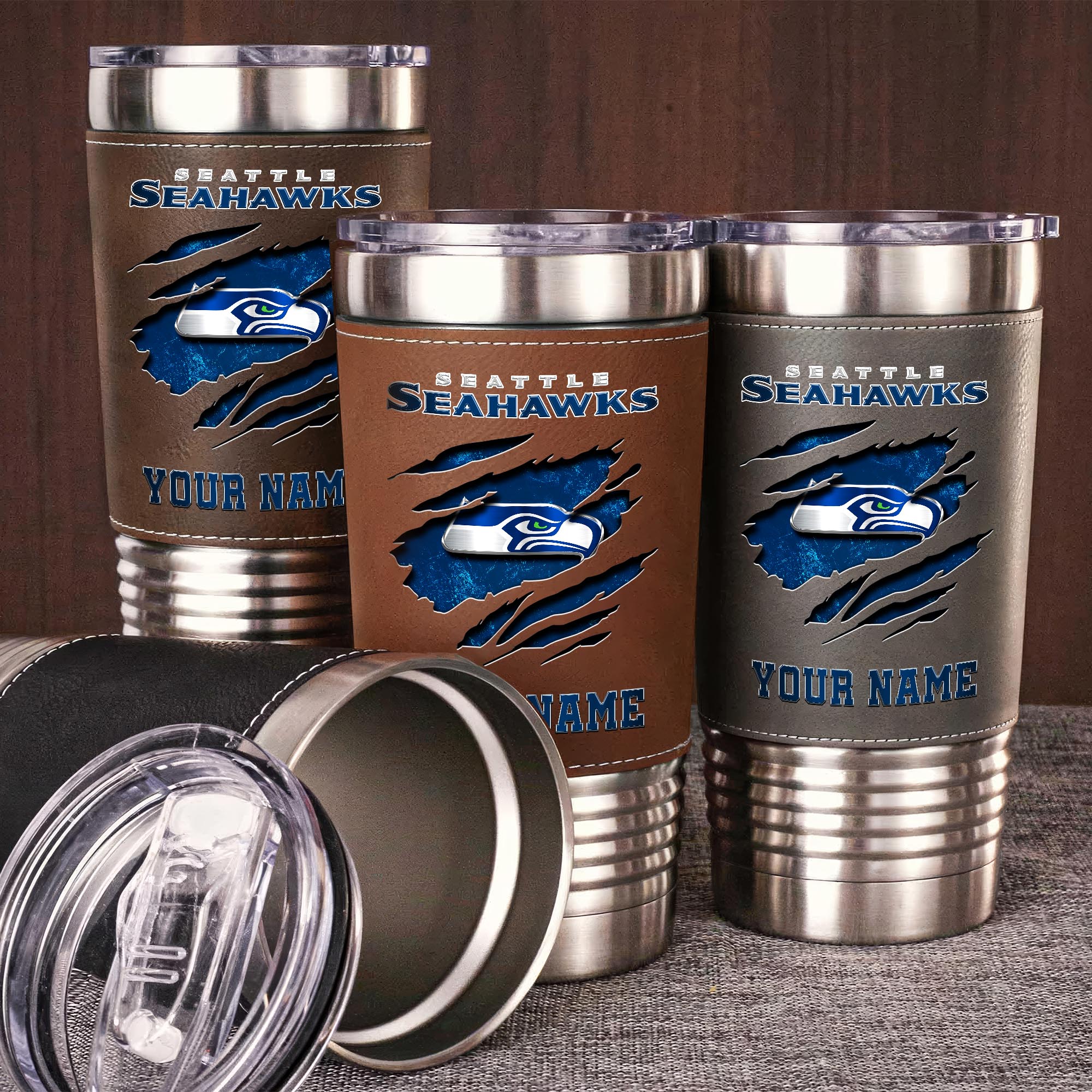 Seattle Seahawks 20 Oz Leather Tumbler Custom Your Name, Sport Gift For Fans EHIVM-05222305N