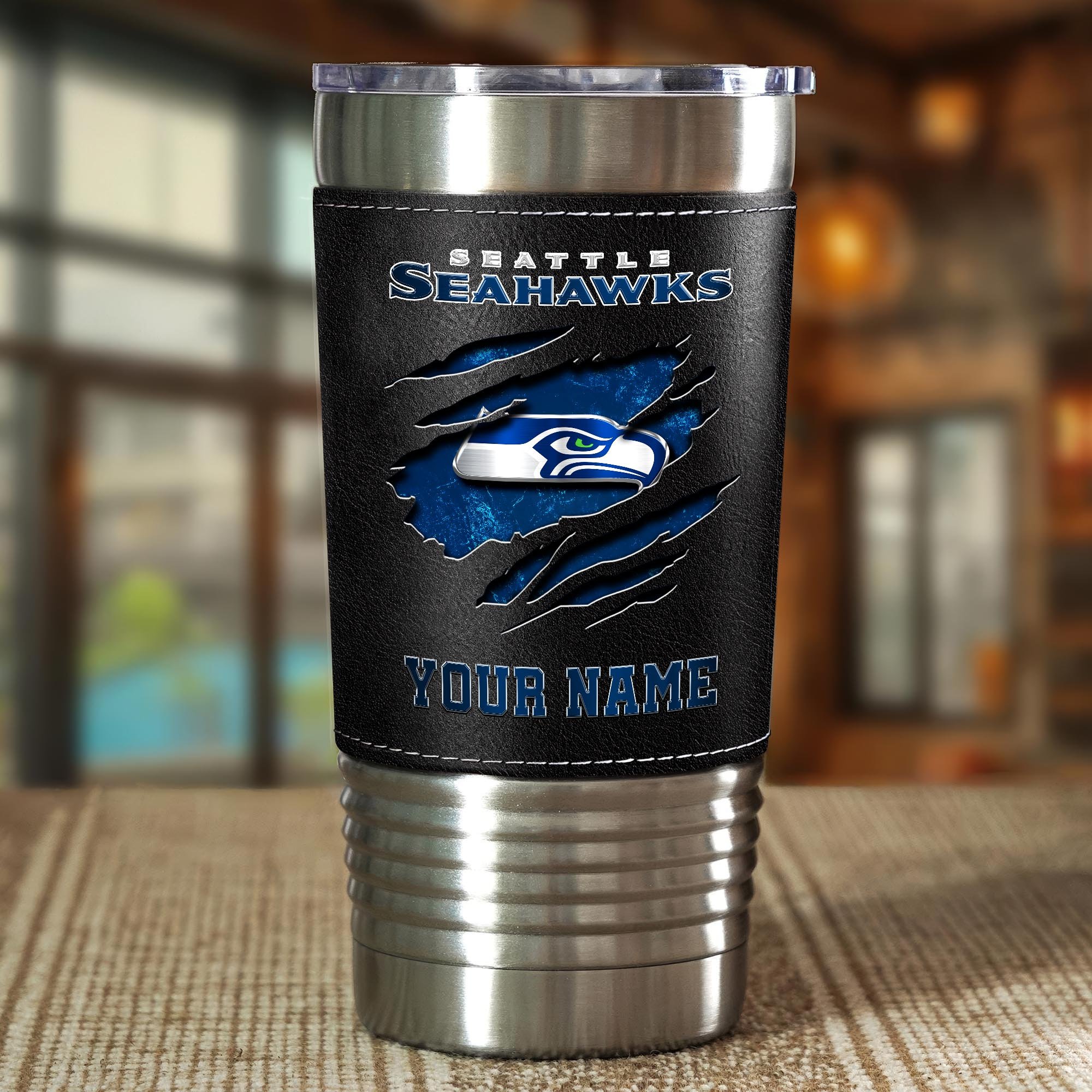 Alternative view of Seattle Seahawks 20 Oz Leather Tumbler Custom Your Name, Sport Gift For Fans EHIVM-05222305N