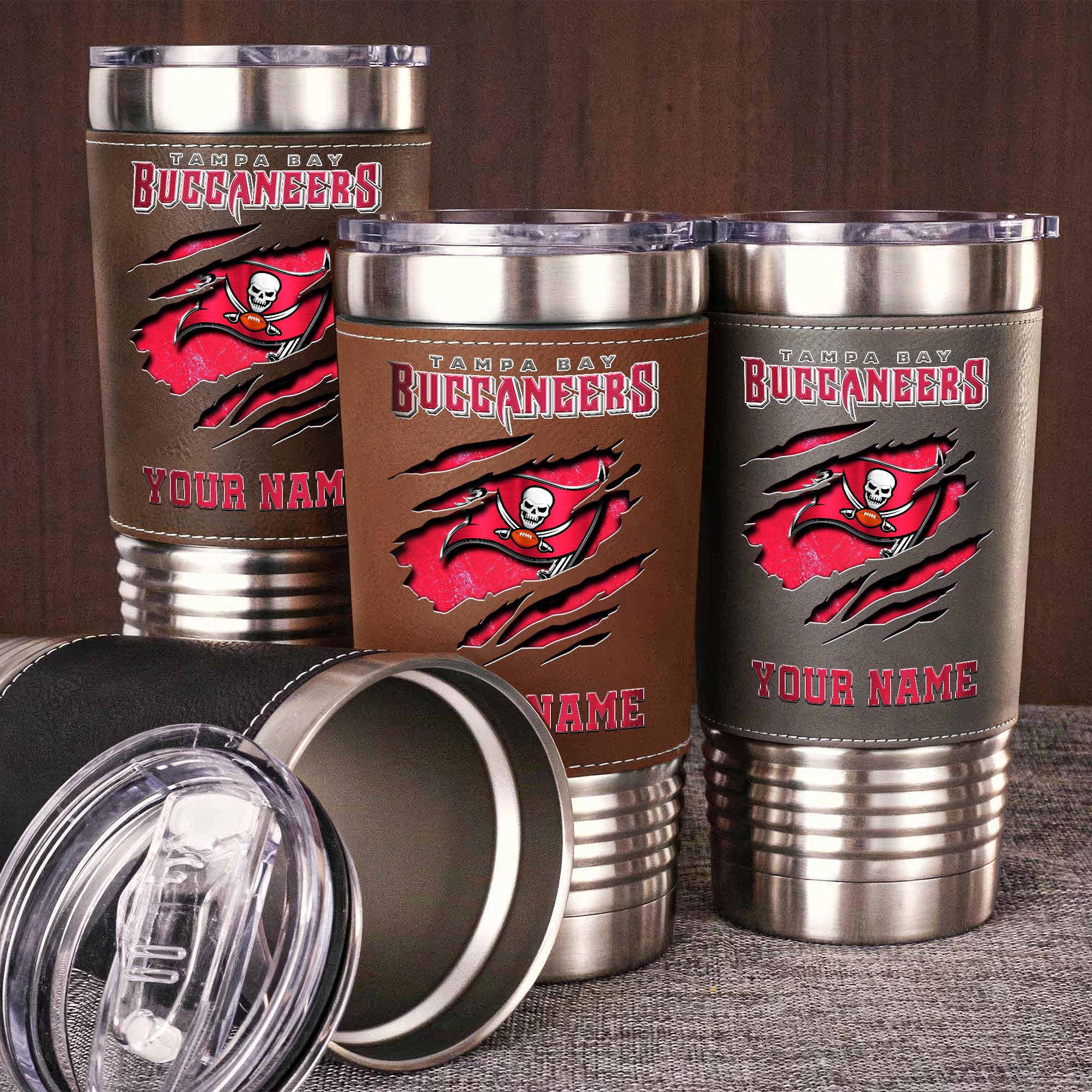 Tampa Bay Buccaneers 20 Oz Leather Tumbler Custom Your Name, Sport Gift For Fans EHIVM-05222305N