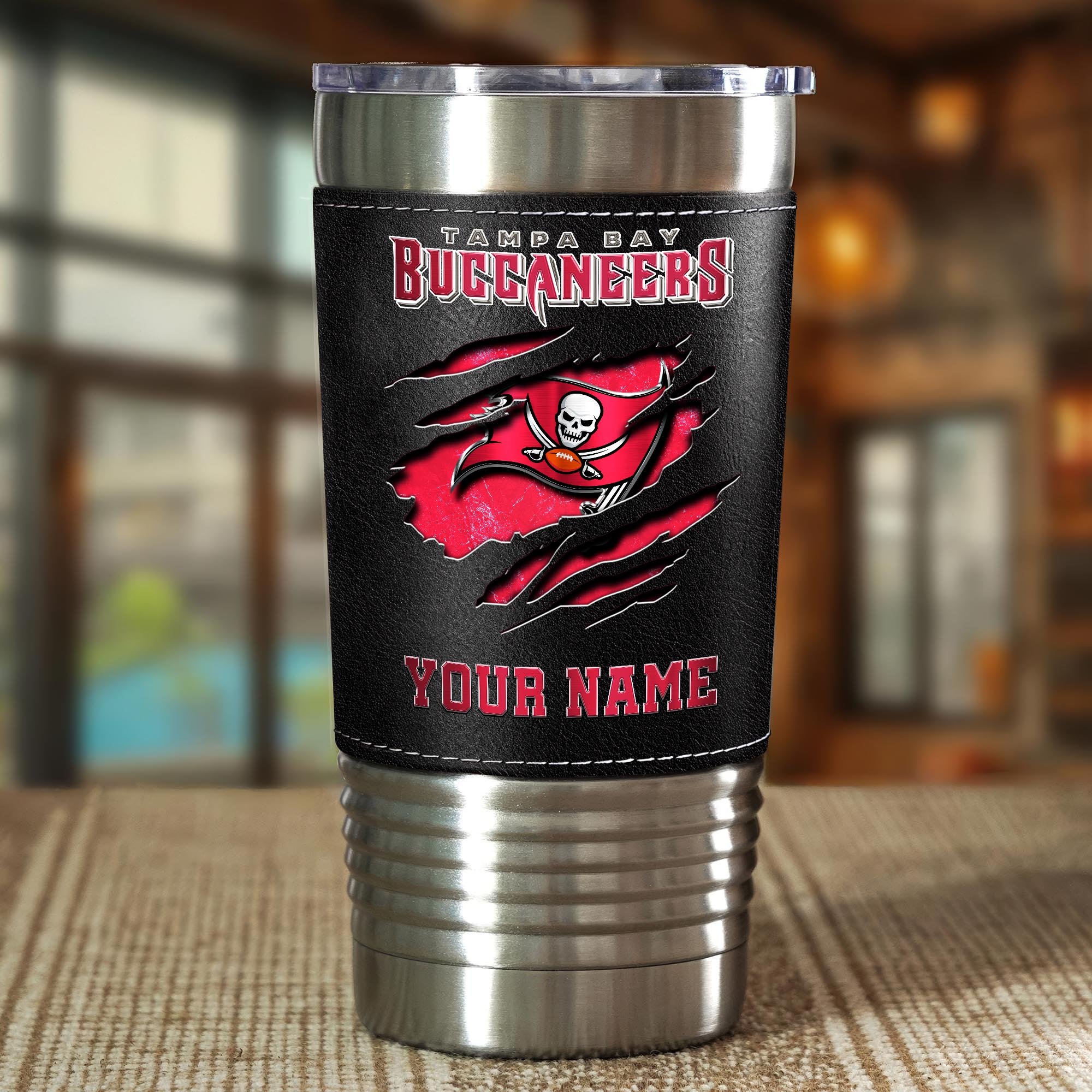 Alternative view of Tampa Bay Buccaneers 20 Oz Leather Tumbler Custom Your Name, Sport Gift For Fans EHIVM-05222305N