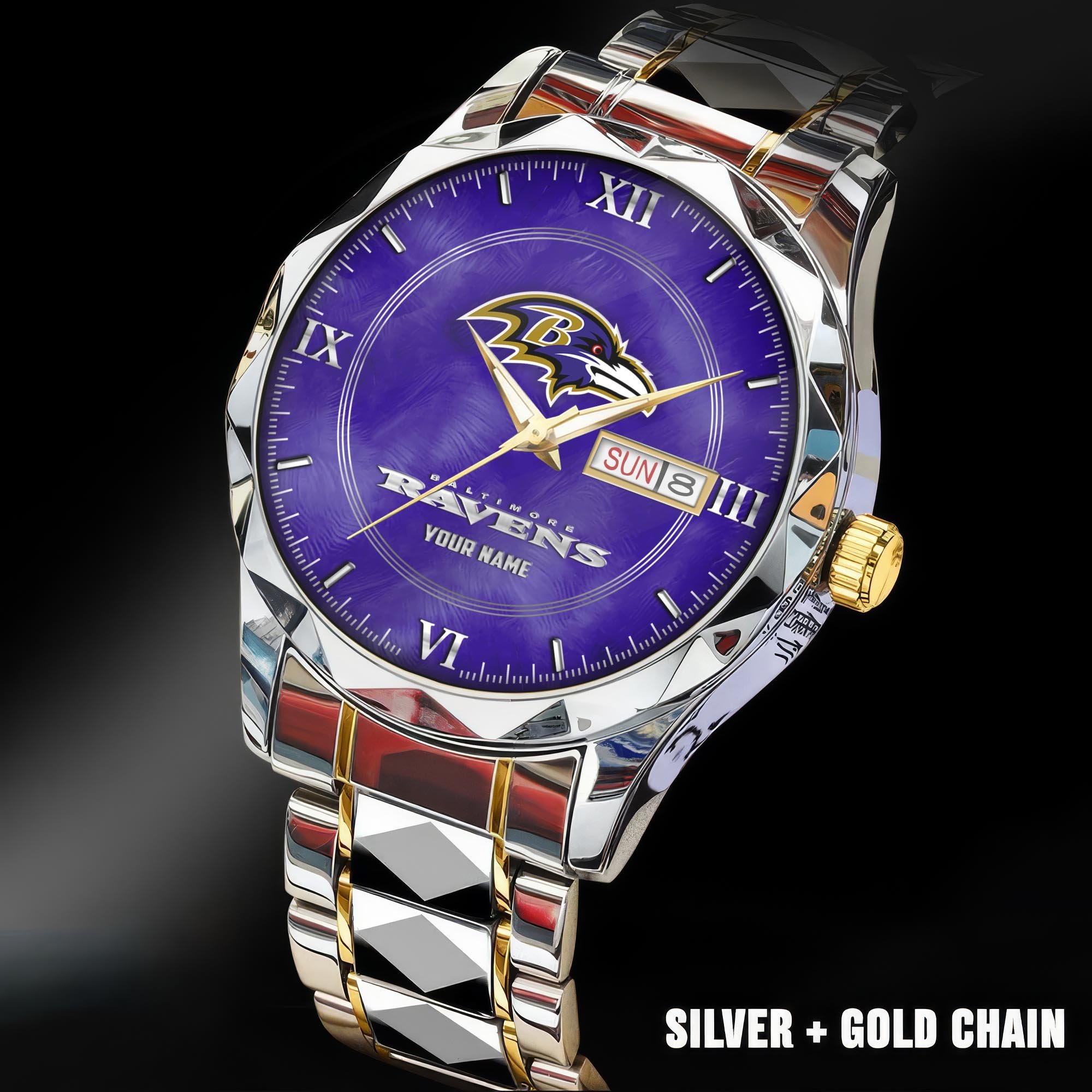 Baltimore Ravens Stainless Steel Watches For Men Custom Your Name, Sport Stainless Steel Watches For Men EHIVM-005032130N