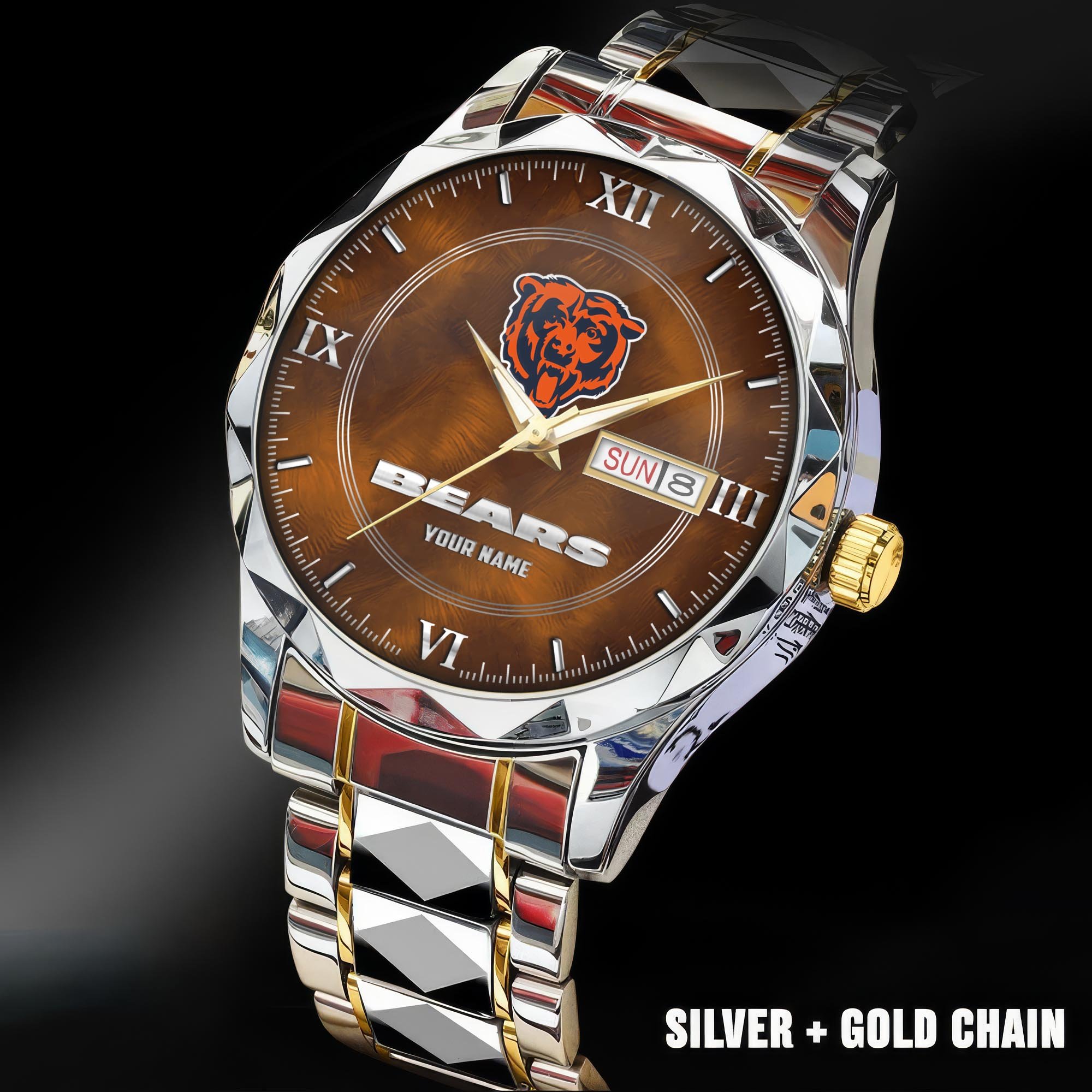 Chicago Bears Stainless Steel Watches For Men Custom Your Name, Sport Stainless Steel Watches For Men EHIVM-005032130N