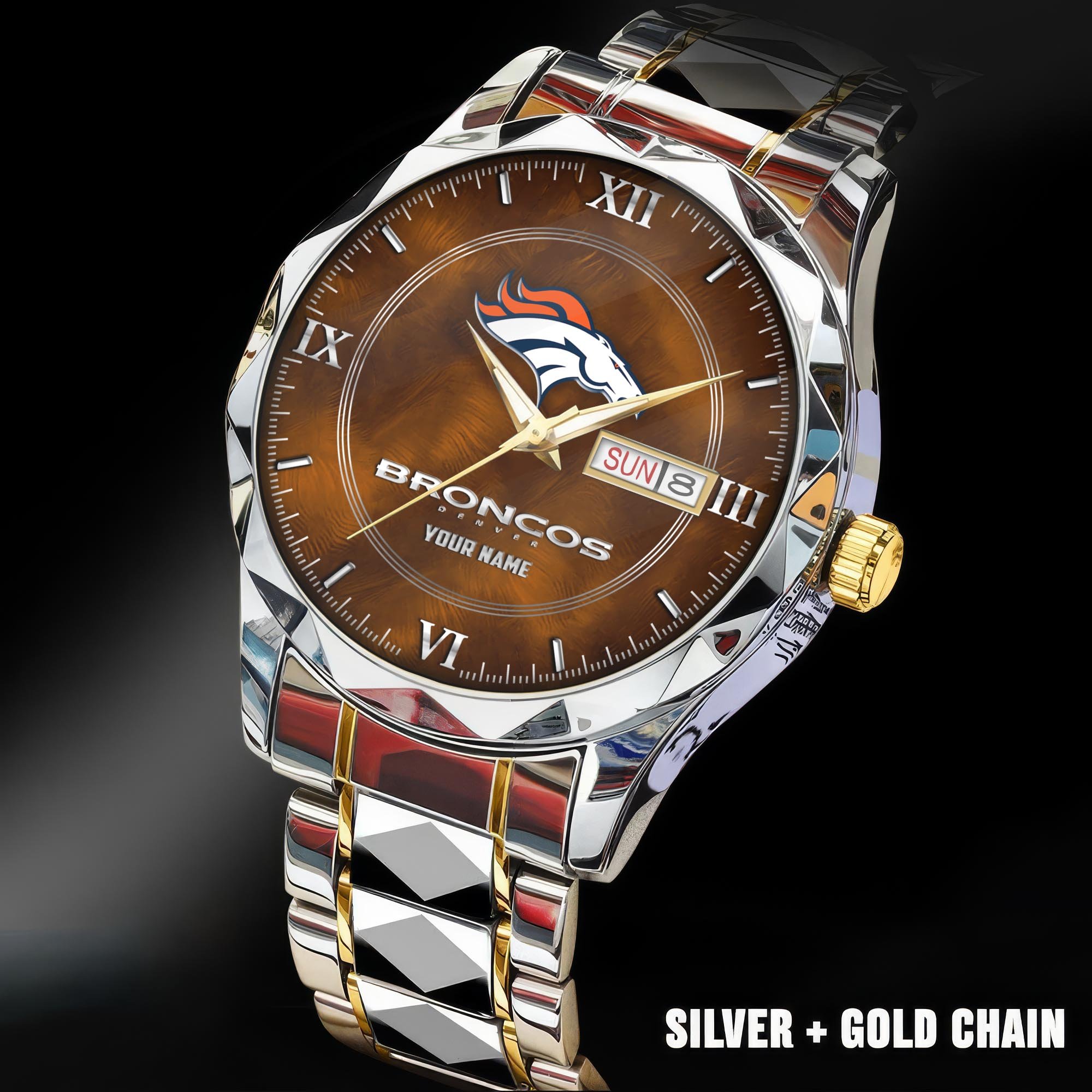Denver Broncos Stainless Steel Watches For Men Custom Your Name, Sport Stainless Steel Watches For Men EHIVM-005032130N