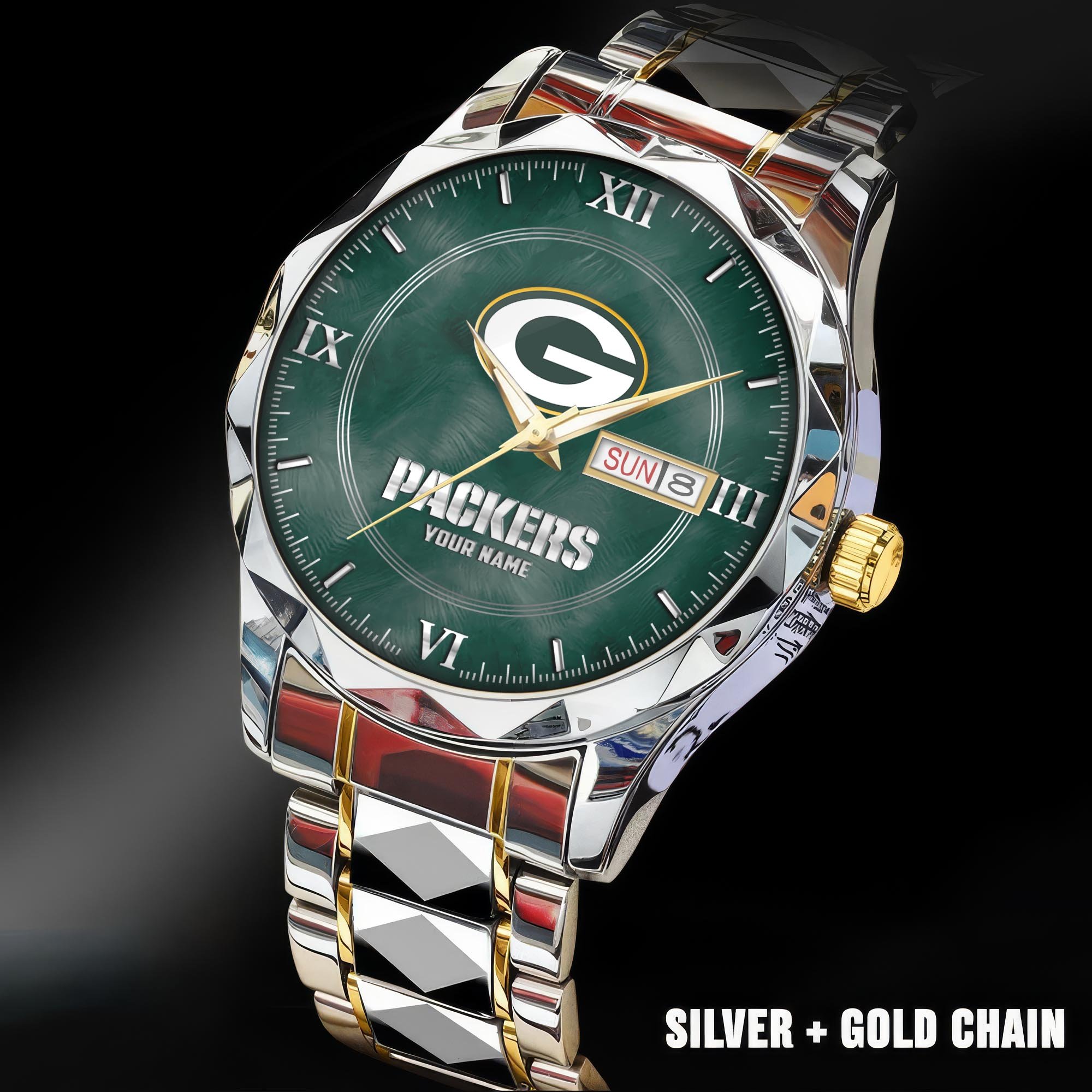 Green Bay Packers Stainless Steel Watches For Men Custom Your Name, Sport Stainless Steel Watches For Men EHIVM-005032130N