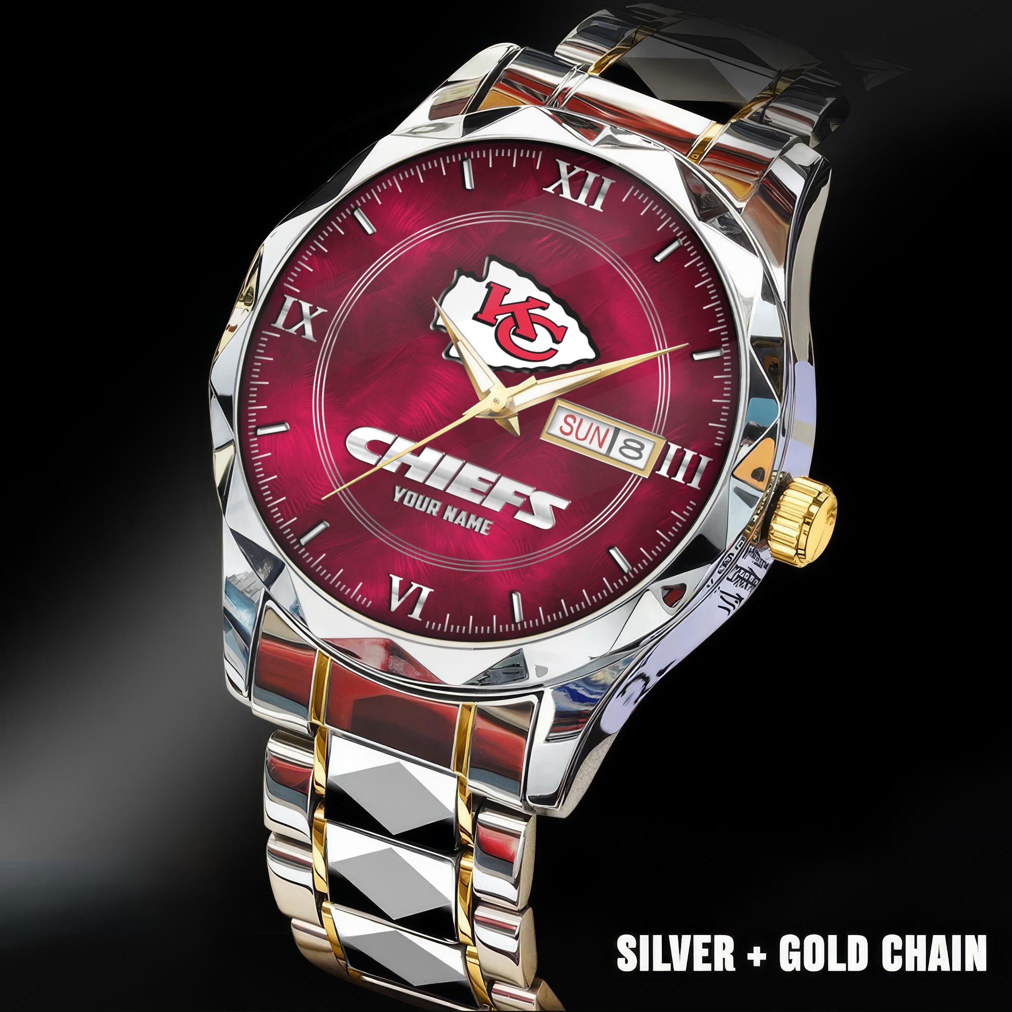 Kansas City Chiefs Stainless Steel Watches For Men Custom Your Name, Sport Stainless Steel Watches For Men EHIVM-005032130N