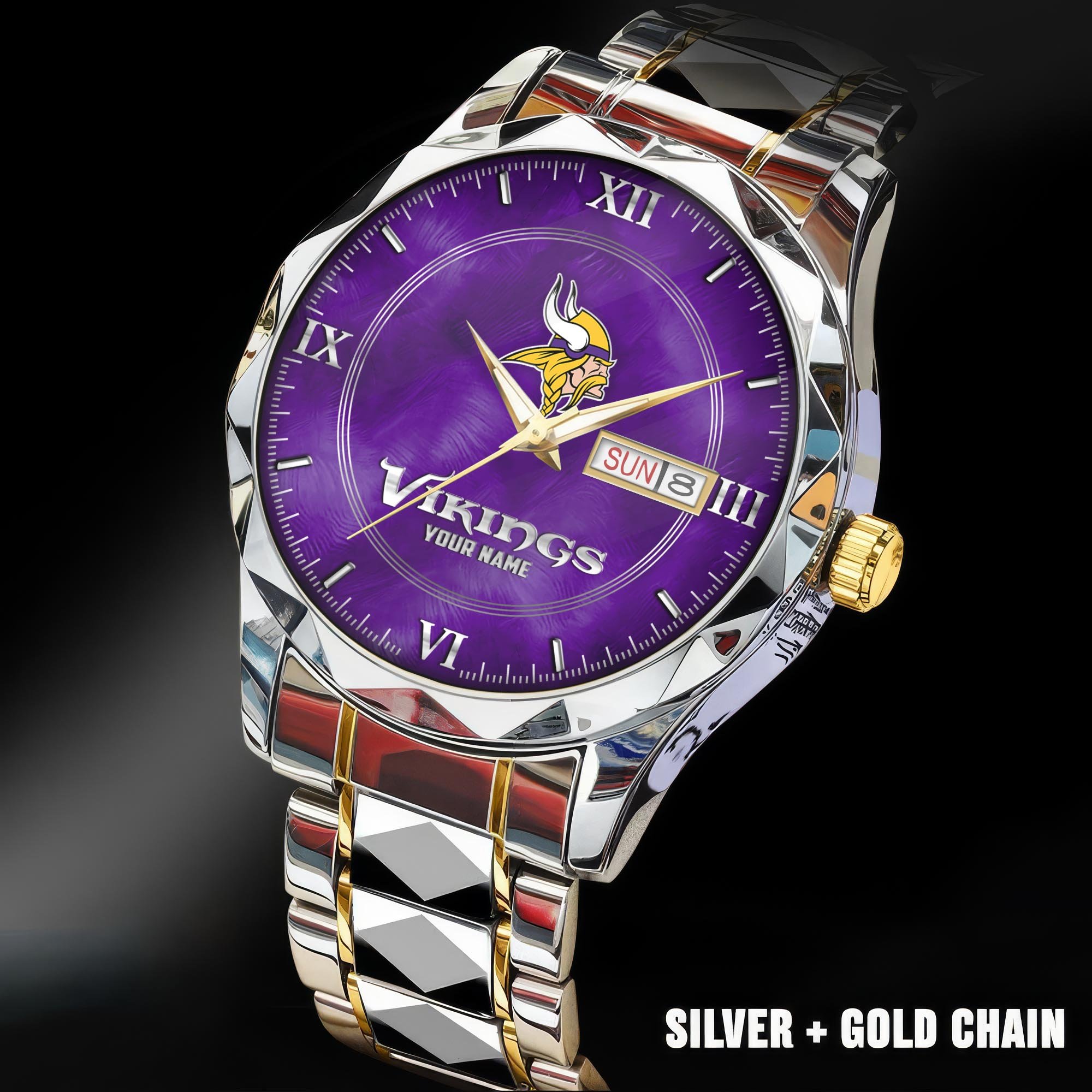 Minnesota Vikings Stainless Steel Watches For Men Custom Your Name, Sport Stainless Steel Watches For Men EHIVM-005032130N