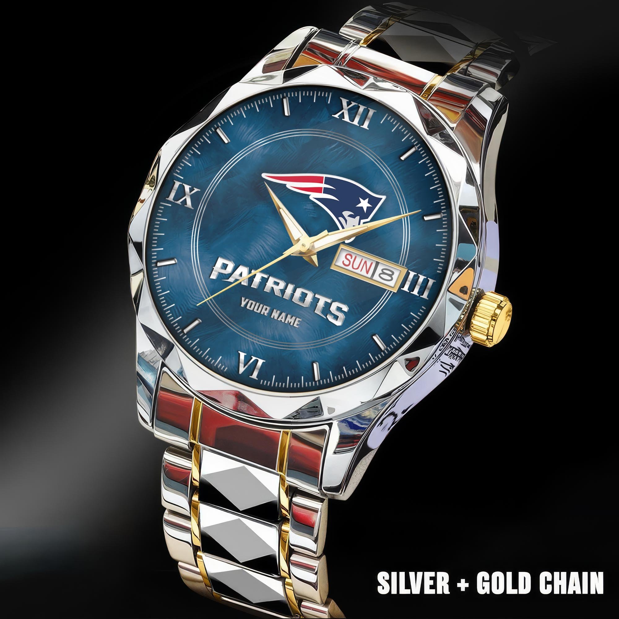 New England Patriots Stainless Steel Watches For Men Custom Your Name, Sport Stainless Steel Watches For Men EHIVM-005032130N