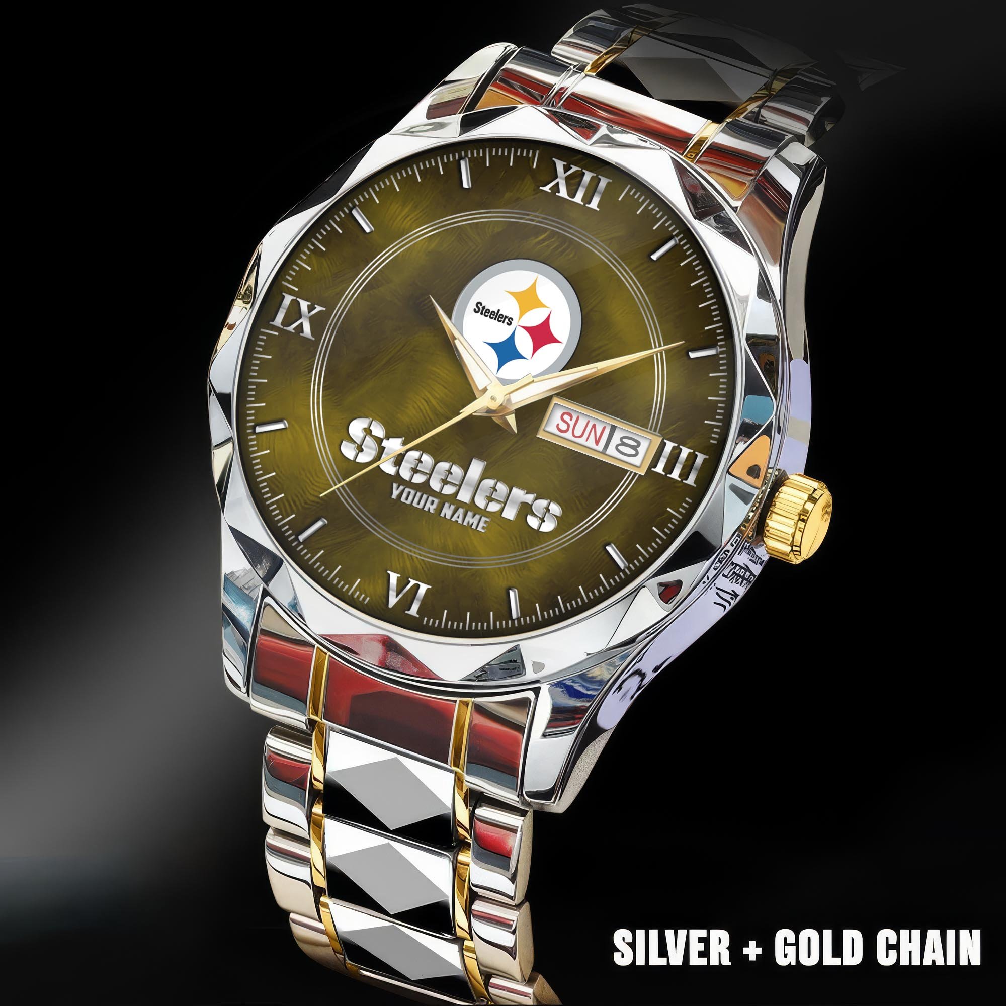 Pittsburgh Steelers Stainless Steel Watches For Men Custom Your Name, Sport Stainless Steel Watches For Men EHIVM-005032130N
