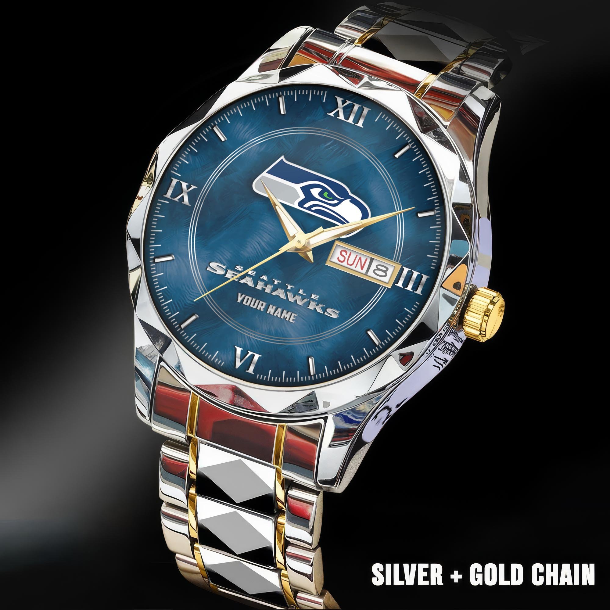Seattle Seahawks Stainless Steel Watches For Men Custom Your Name, Sport Stainless Steel Watches For Men EHIVM-005032130N