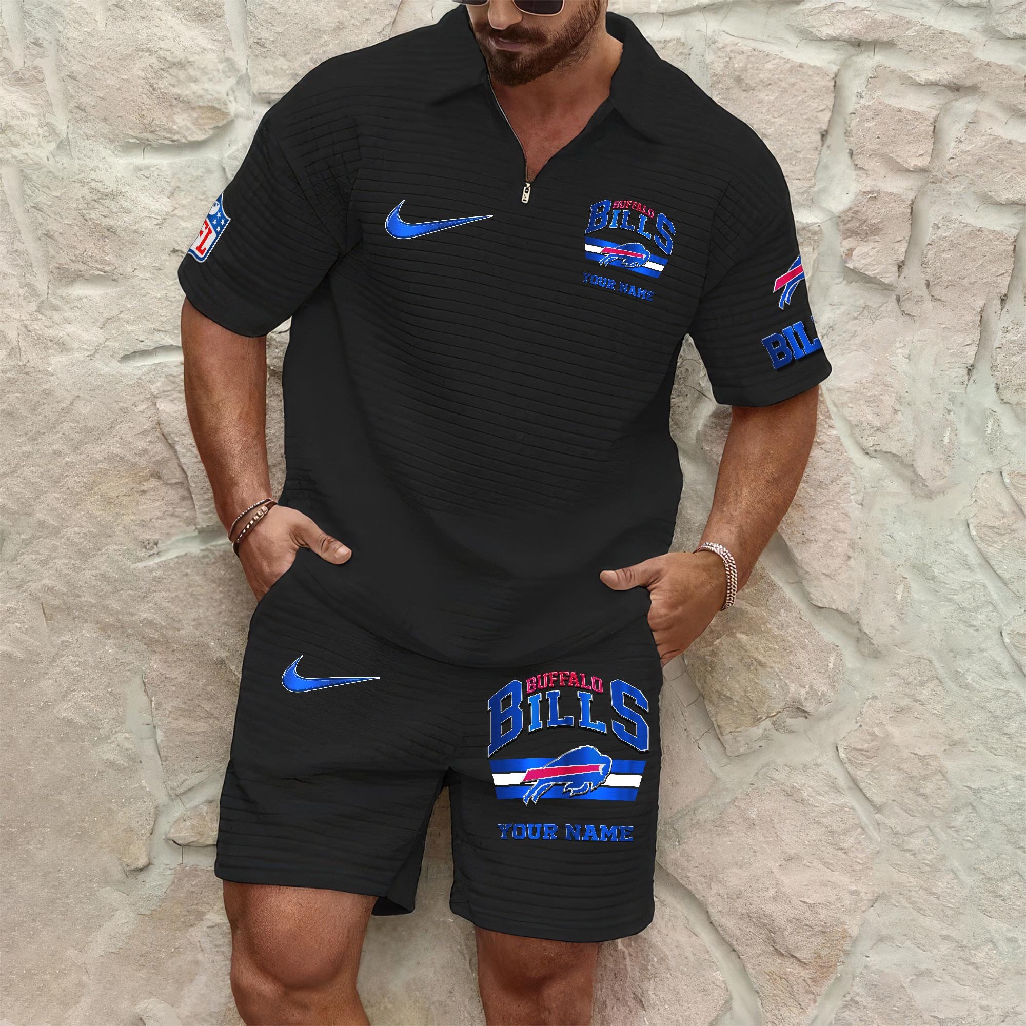 Buffalo Bills Men's Waffle Pattern Half Zipper Shirt And Short Custom Your Name, Gifts For Football Lovers EHIVM-05302417N