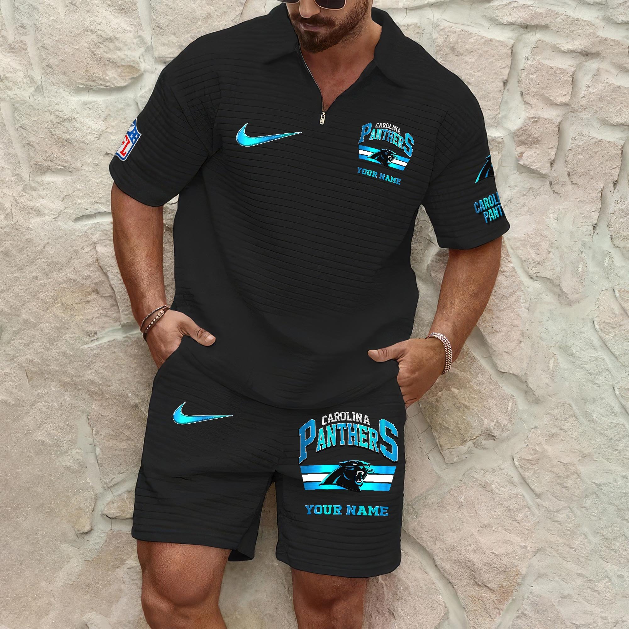 Carolina Panthers Men's Waffle Pattern Half Zipper Shirt And Short Custom Your Name, Gifts For Football Lovers EHIVM-05302417N