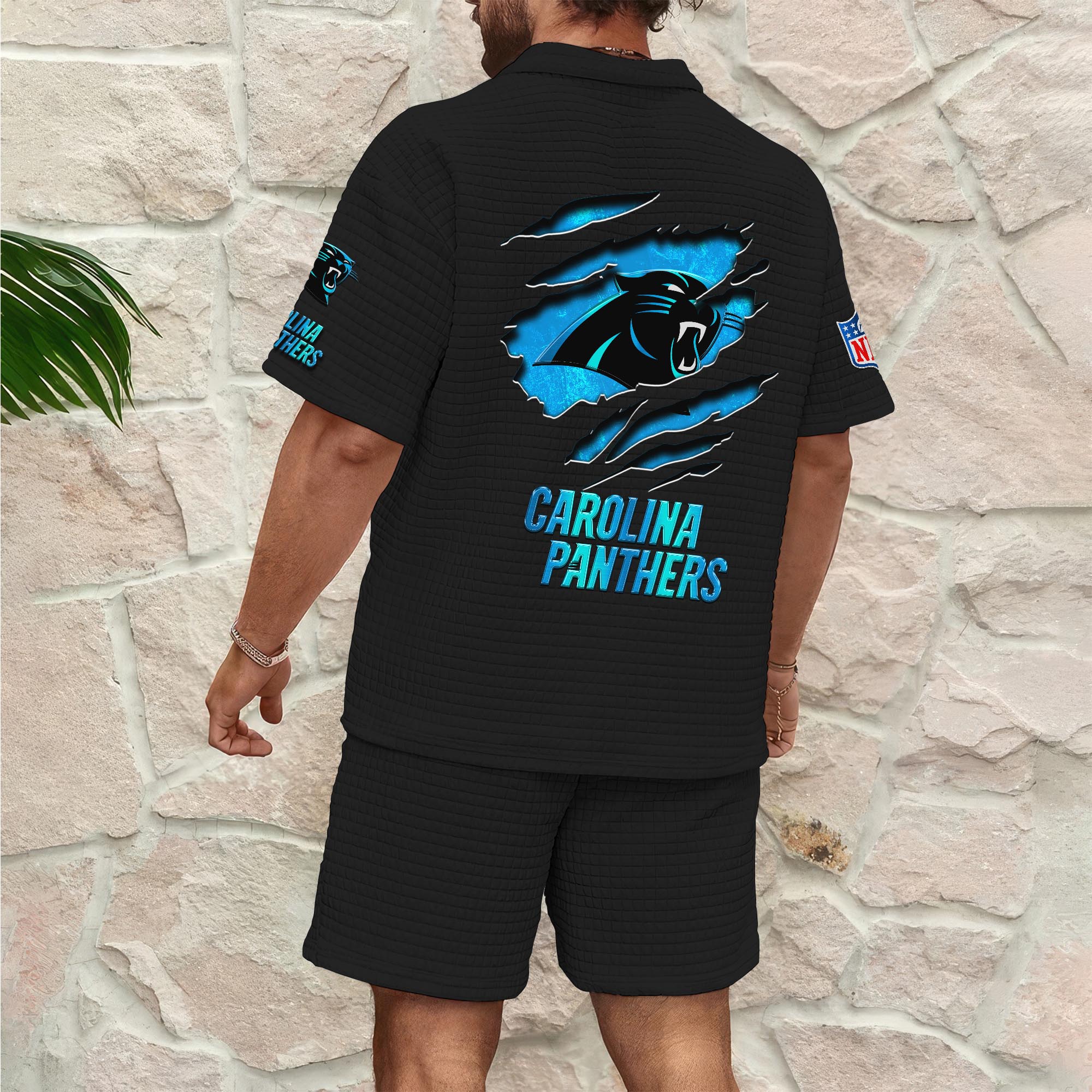 Alternative view of Carolina Panthers Men's Waffle Pattern Half Zipper Shirt And Short Custom Your Name, Gifts For Football Lovers EHIVM-05302417N