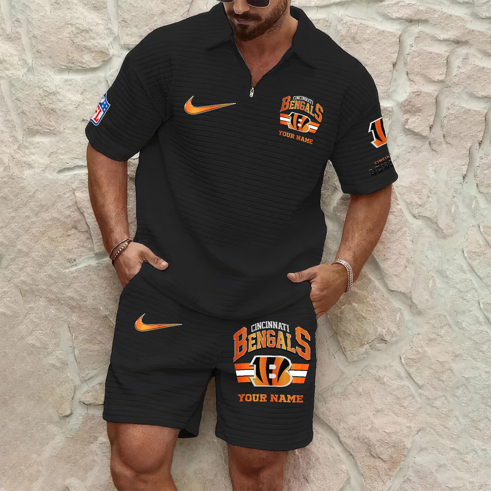 Cincinnati Bengals Men's Waffle Pattern Half Zipper Shirt And Short Custom Your Name, Gifts For Football Lovers EHIVM-05302417N