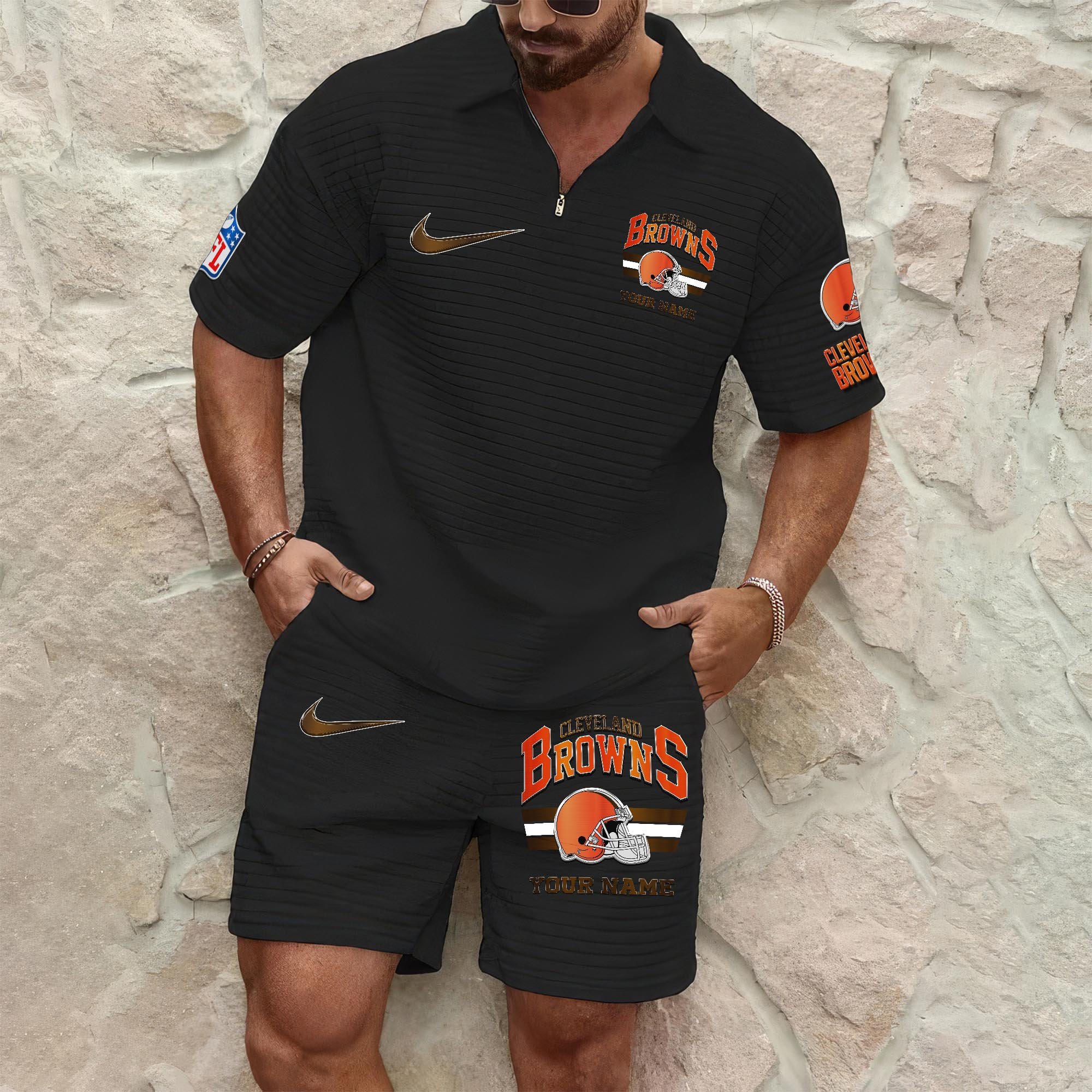 Cleveland Browns Men's Waffle Pattern Half Zipper Shirt And Short Custom Your Name, Gifts For Football Lovers EHIVM-05302417N