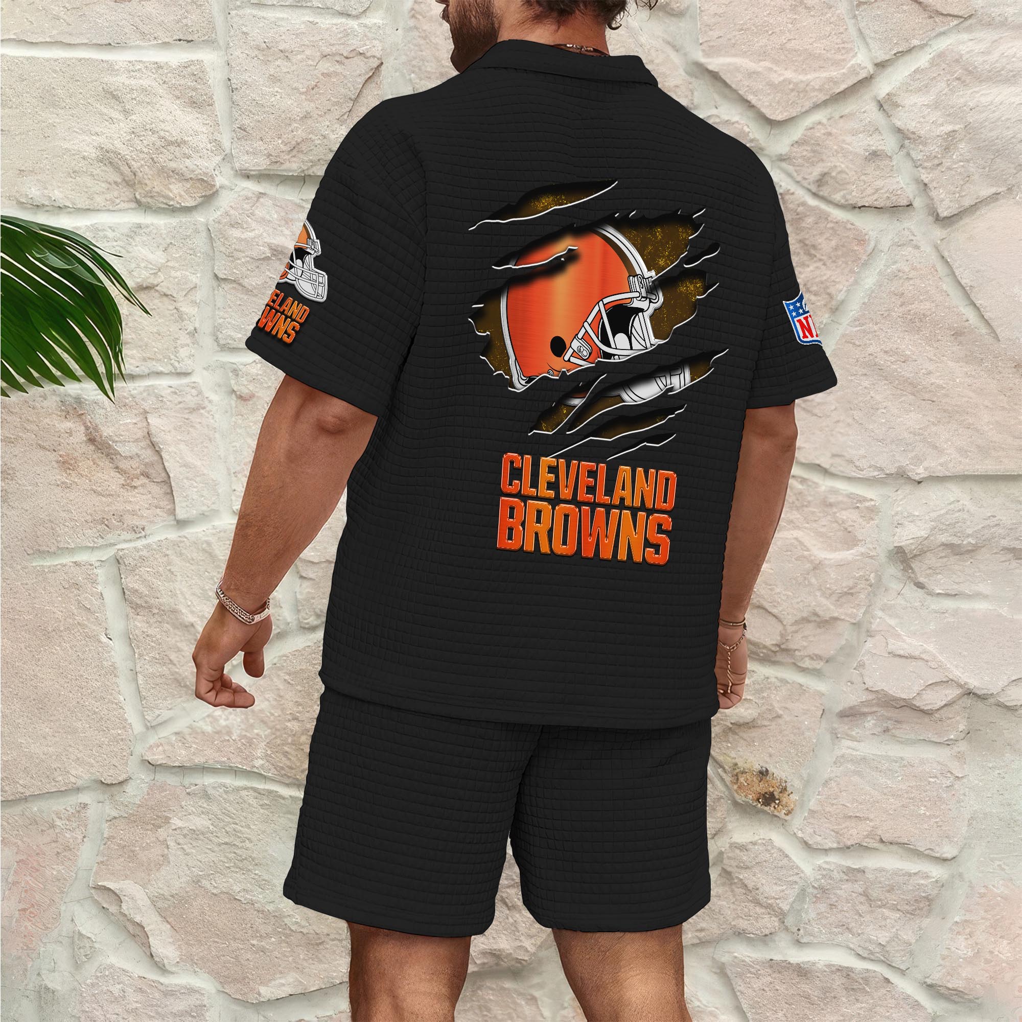 Alternative view of Cleveland Browns Men's Waffle Pattern Half Zipper Shirt And Short Custom Your Name, Gifts For Football Lovers EHIVM-05302417N