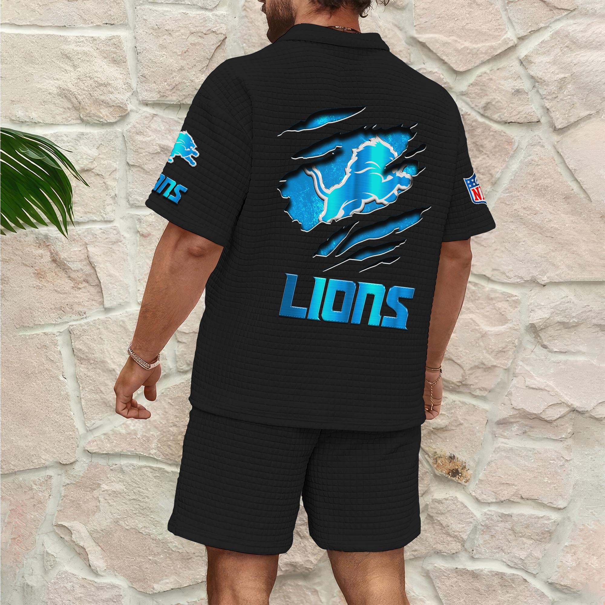 Alternative view of Detroit Lions Men's Waffle Pattern Half Zipper Shirt And Short Custom Your Name, Gifts For Football Lovers EHIVM-05302417N