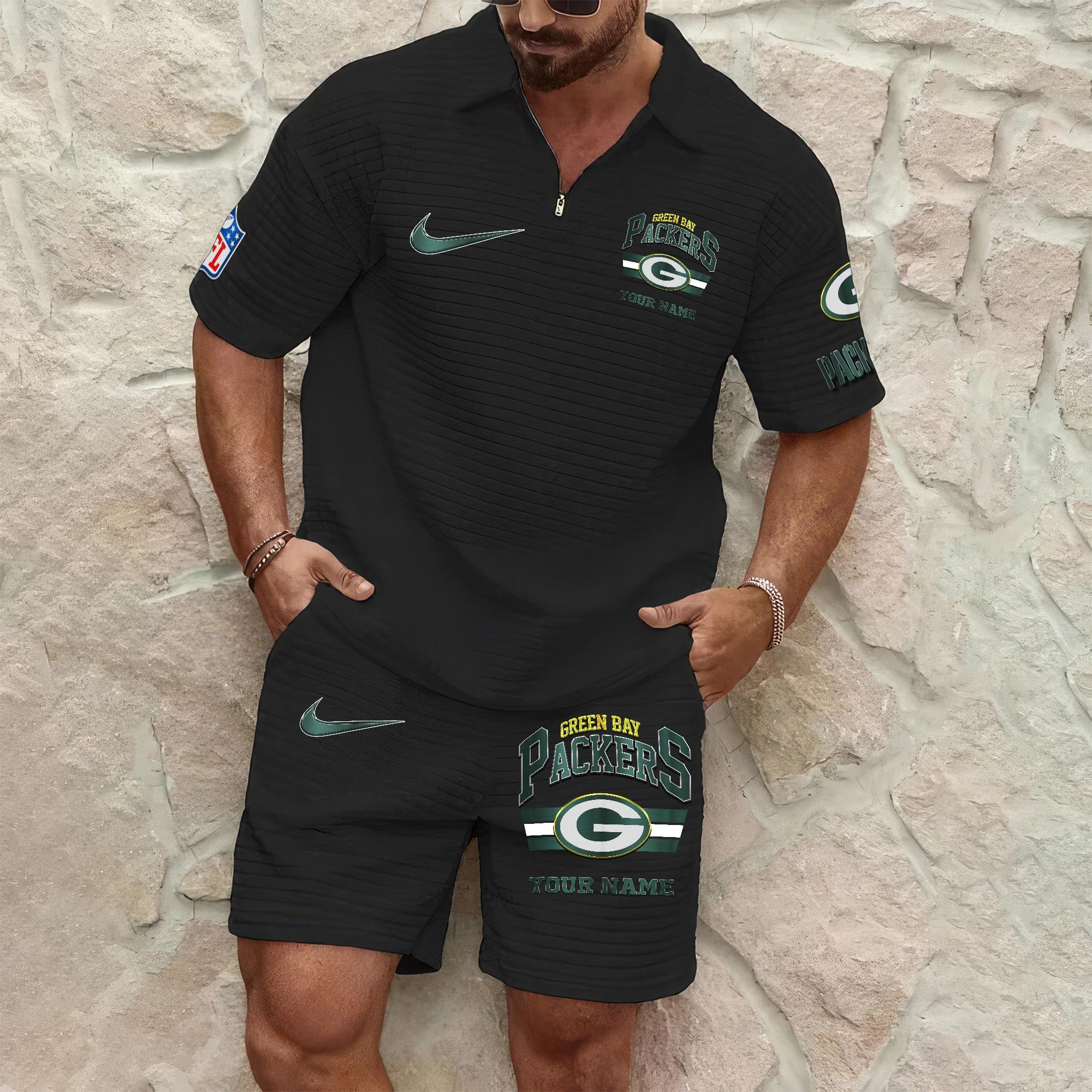 Green Bay Packers Men's Waffle Pattern Half Zipper Shirt And Short Custom Your Name, Gifts For Football Lovers EHIVM-05302417N
