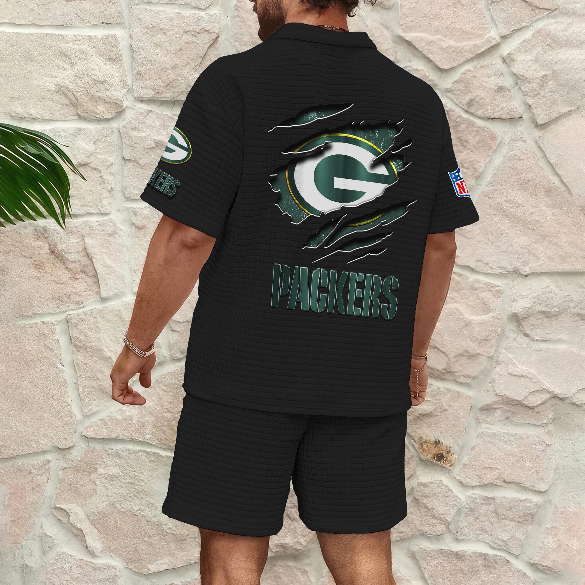 Alternative view of Green Bay Packers Men's Waffle Pattern Half Zipper Shirt And Short Custom Your Name, Gifts For Football Lovers EHIVM-05302417N