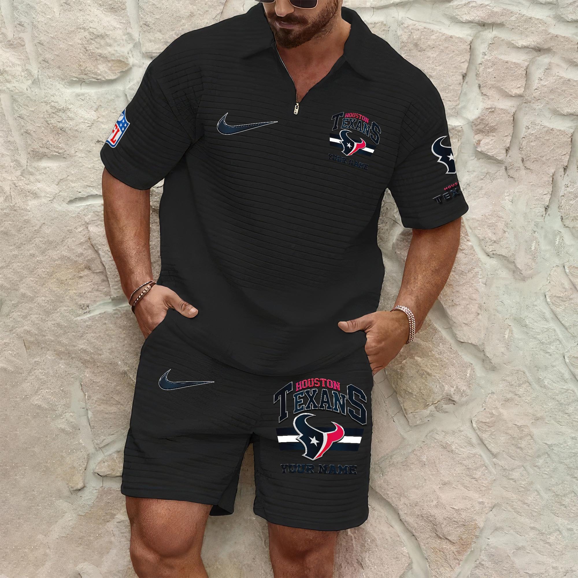 Houston Texans Men's Waffle Pattern Half Zipper Shirt And Short Custom Your Name, Gifts For Football Lovers EHIVM-05302417N