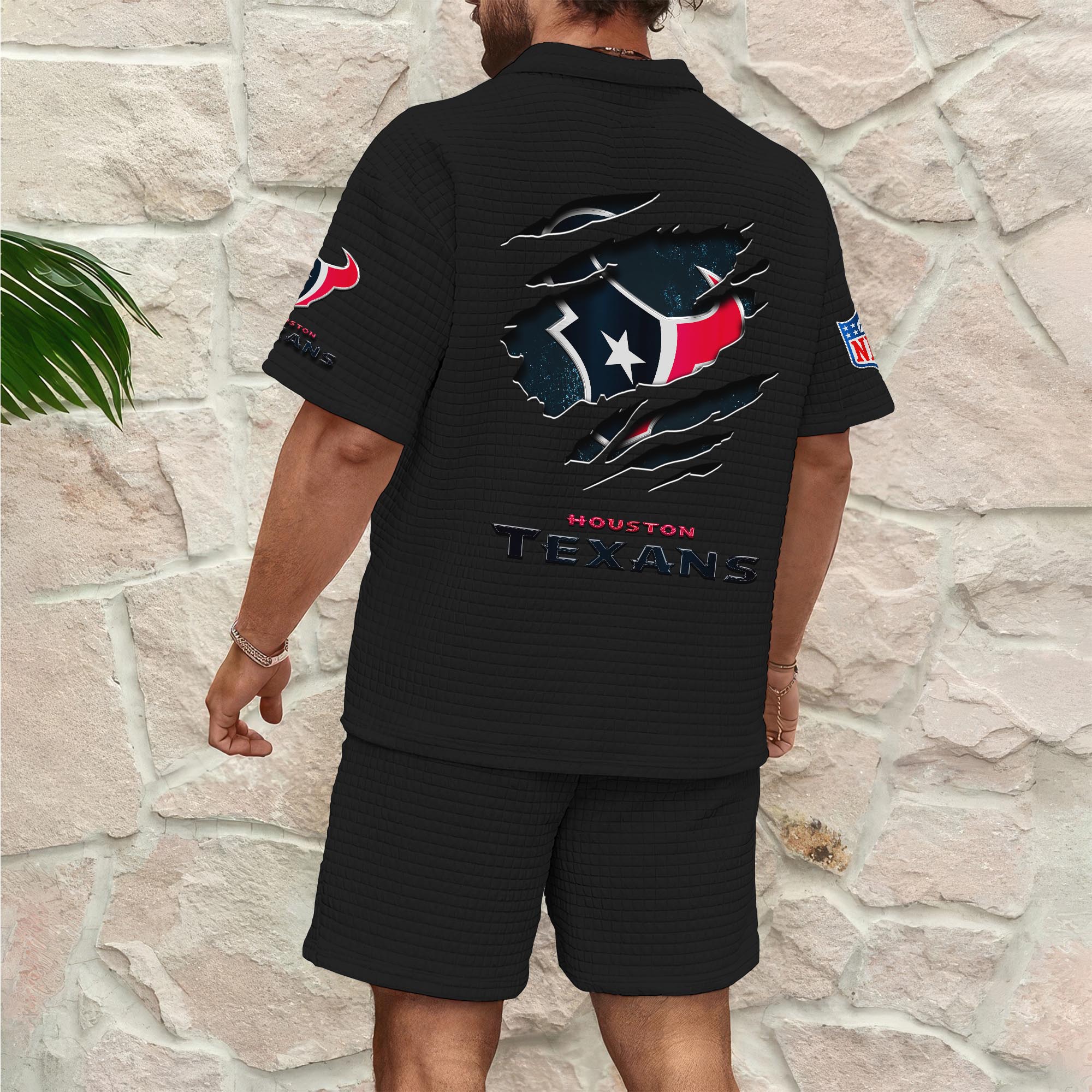 Alternative view of Houston Texans Men's Waffle Pattern Half Zipper Shirt And Short Custom Your Name, Gifts For Football Lovers EHIVM-05302417N