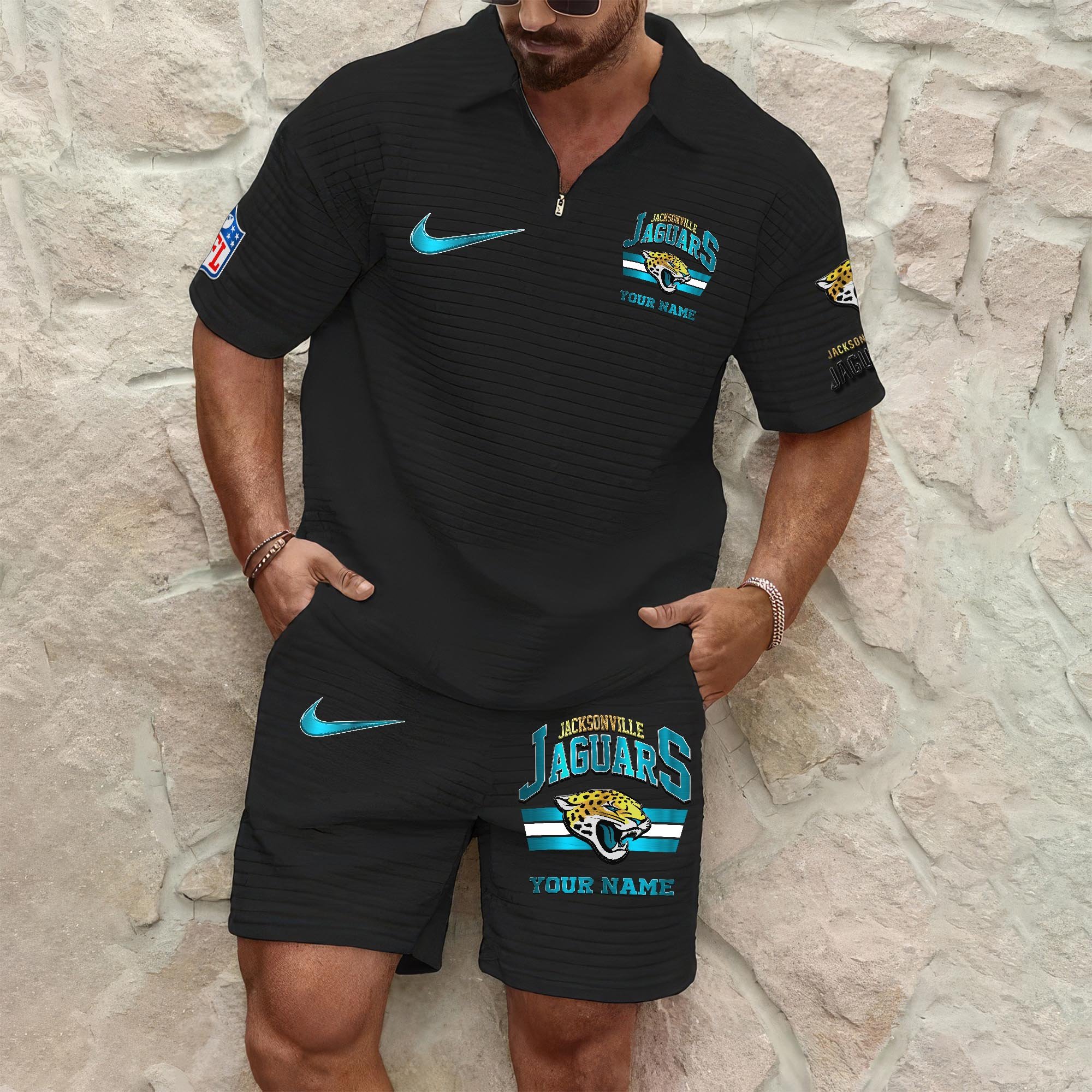 Jacksonville Jaguars Men's Waffle Pattern Half Zipper Shirt And Short Custom Your Name, Gifts For Football Lovers EHIVM-05302417N