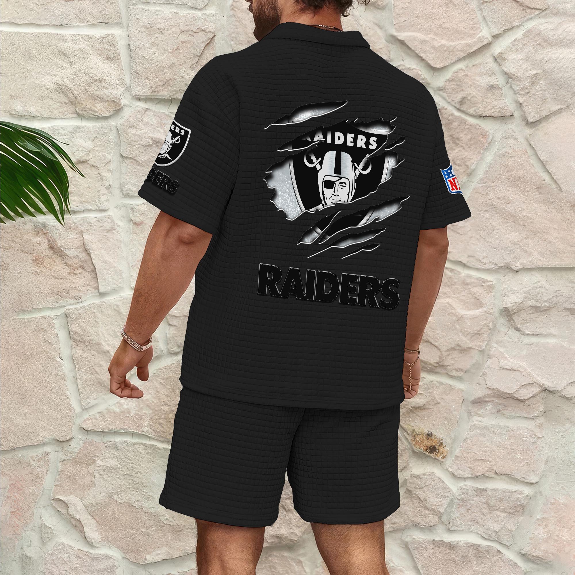 Alternative view of Las Vegas Raiders Men's Waffle Pattern Half Zipper Shirt And Short Custom Your Name, Gifts For Football Lovers EHIVM-05302417N