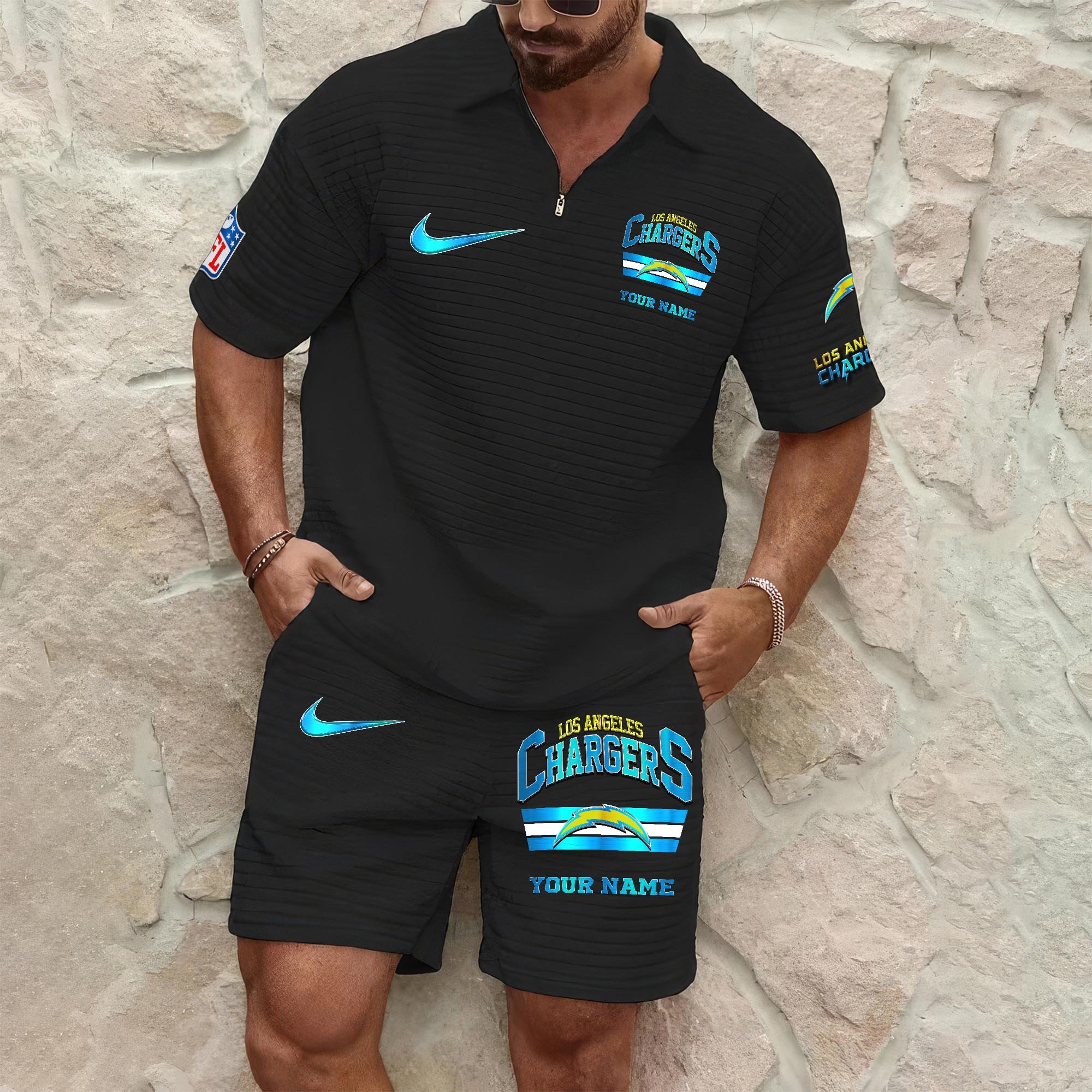 Los Angeles Chargers Men's Waffle Pattern Half Zipper Shirt And Short Custom Your Name, Gifts For Football Lovers EHIVM-05302417N