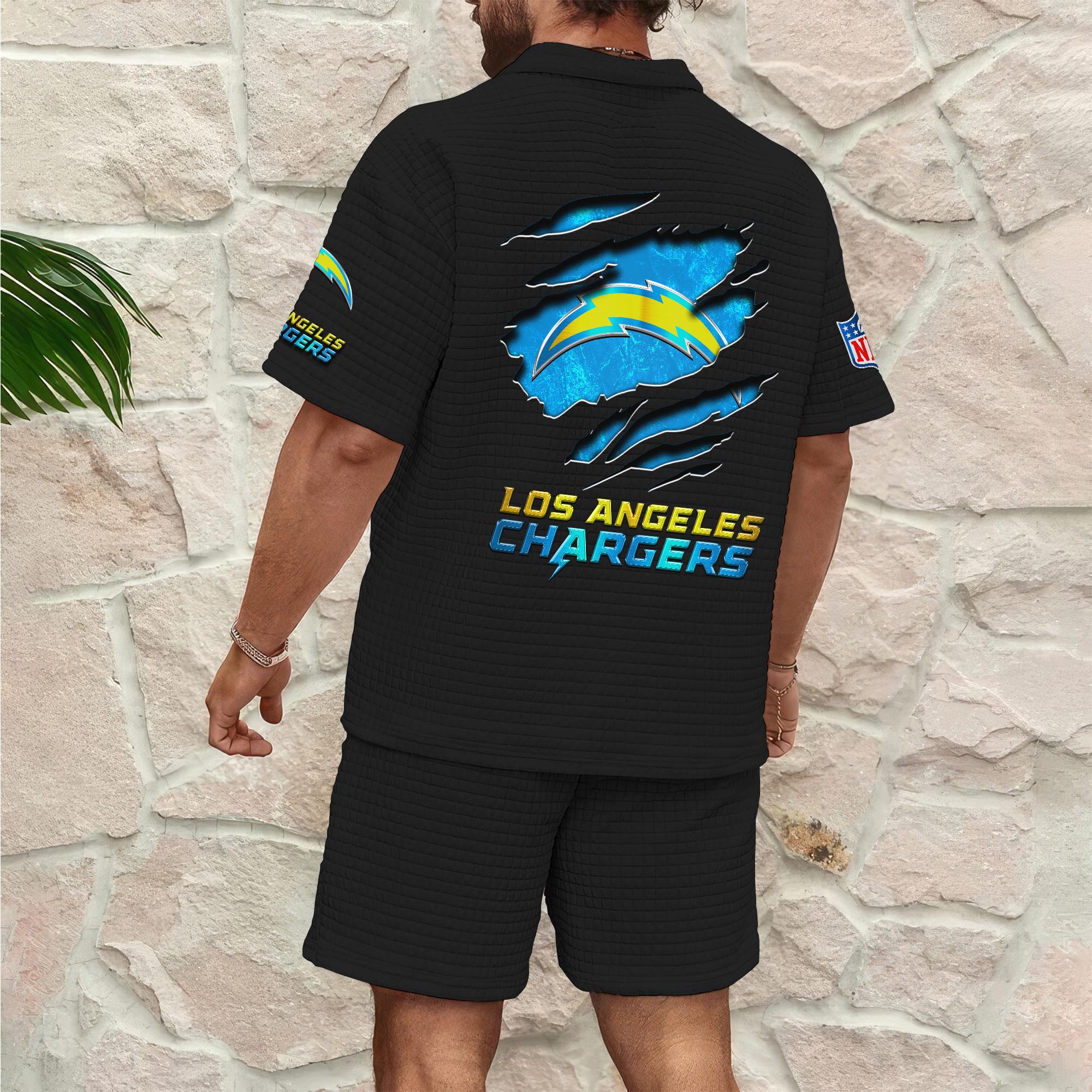 Alternative view of Los Angeles Chargers Men's Waffle Pattern Half Zipper Shirt And Short Custom Your Name, Gifts For Football Lovers EHIVM-05302417N