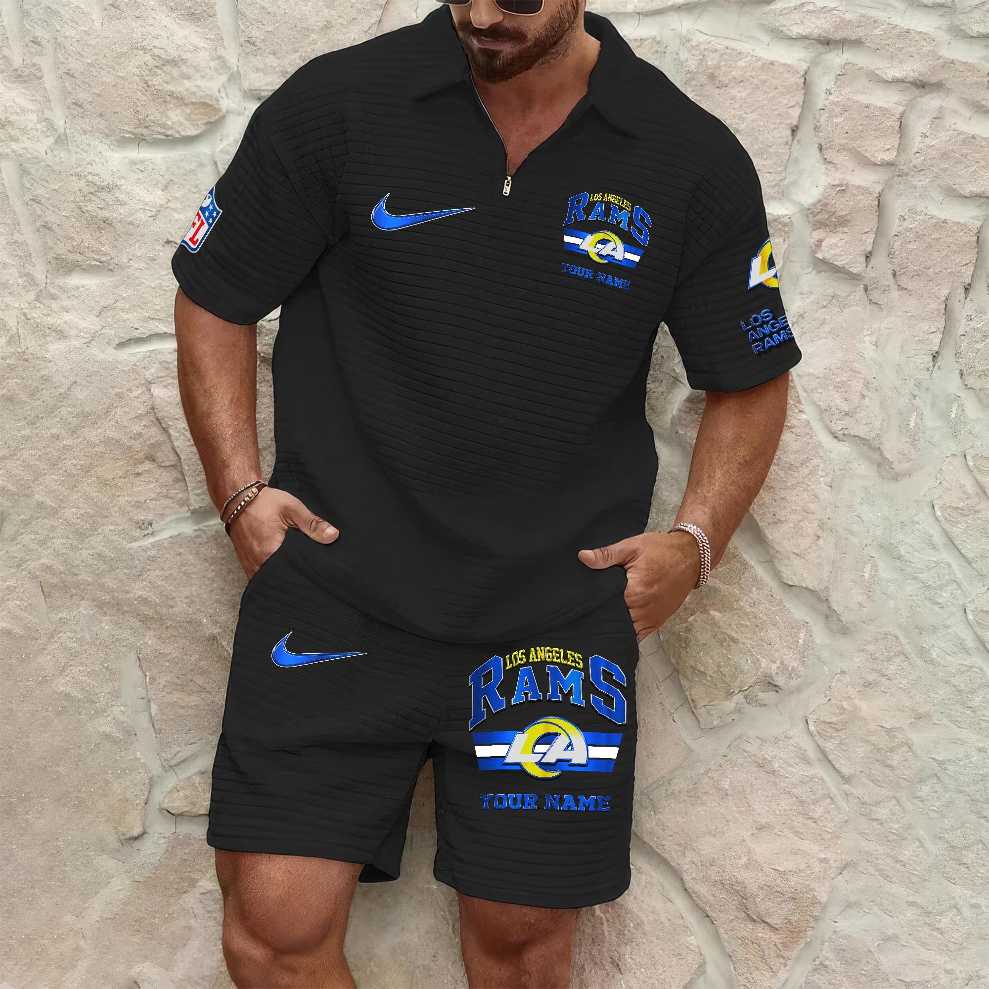 Los Angeles Rams Men's Waffle Pattern Half Zipper Shirt And Short Custom Your Name, Gifts For Football Lovers EHIVM-05302417N