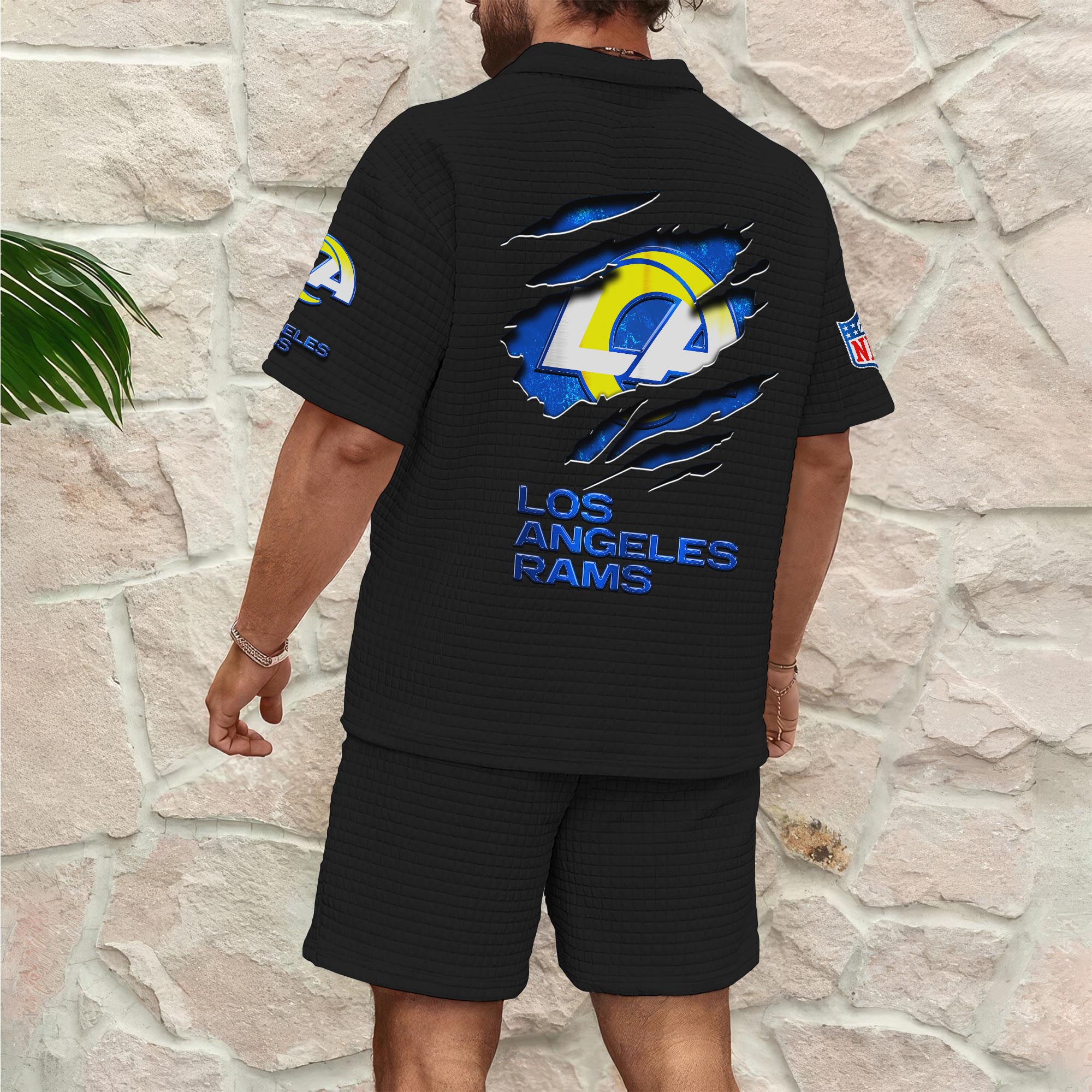 Alternative view of Los Angeles Rams Men's Waffle Pattern Half Zipper Shirt And Short Custom Your Name, Gifts For Football Lovers EHIVM-05302417N