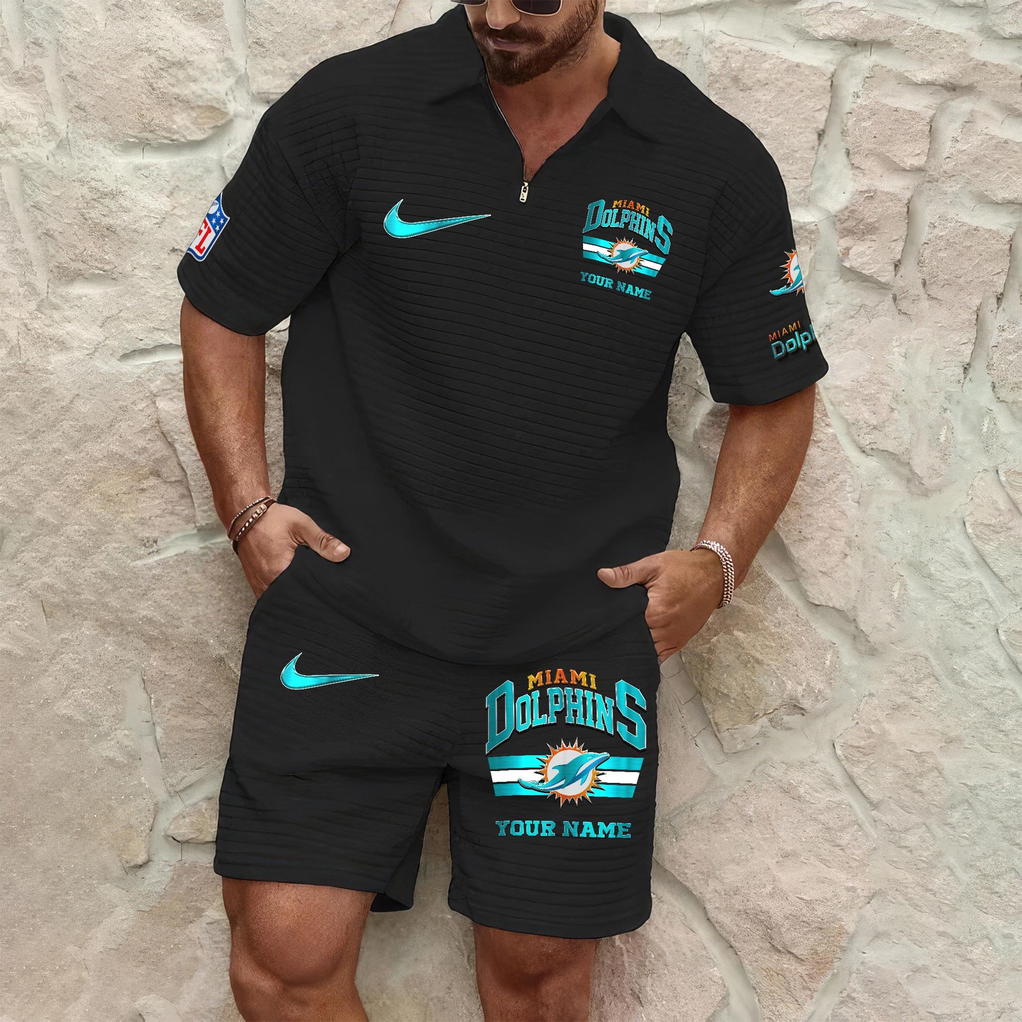 Miami Dolphins Men's Waffle Pattern Half Zipper Shirt And Short Custom Your Name, Gifts For Football Lovers EHIVM-05302417N