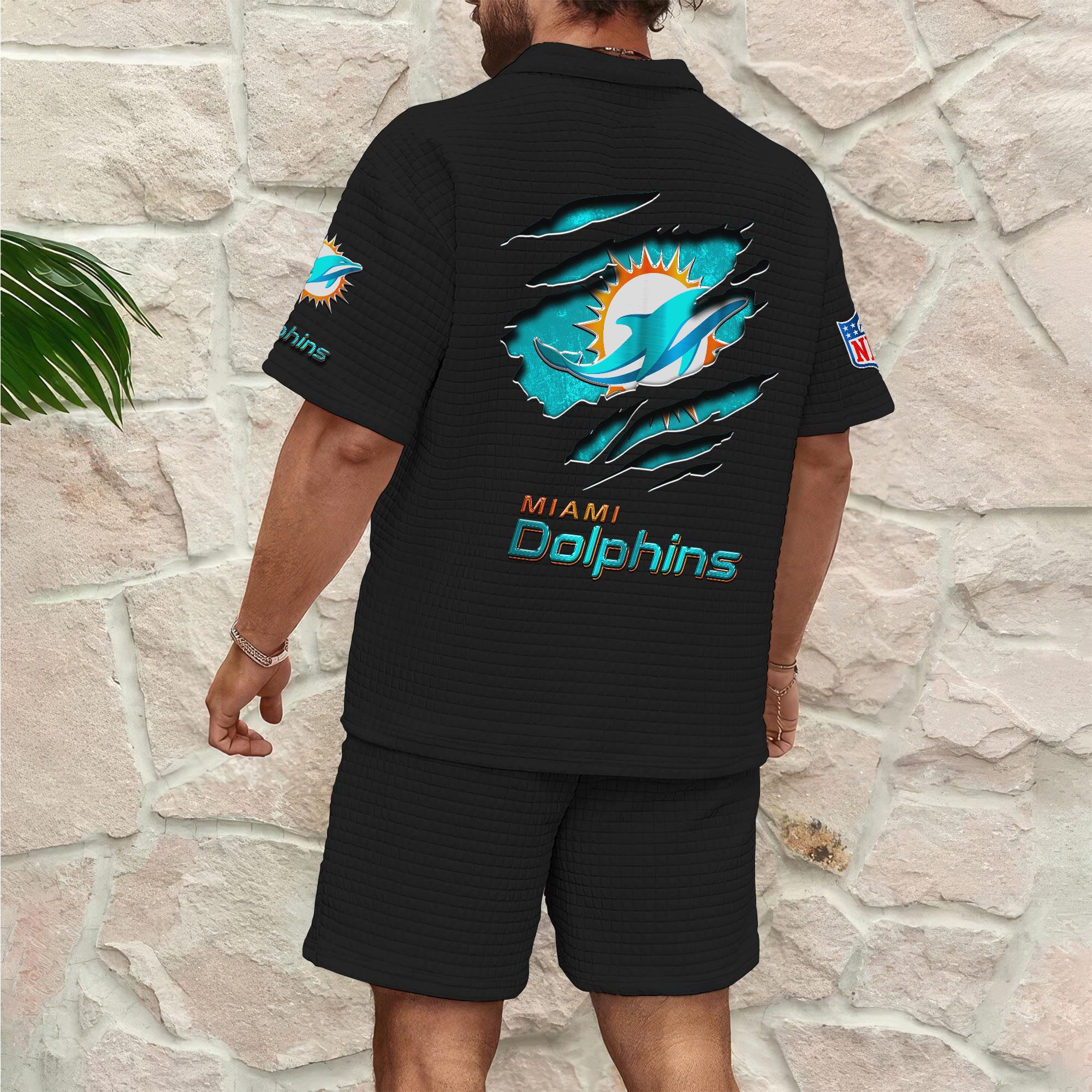 Alternative view of Miami Dolphins Men's Waffle Pattern Half Zipper Shirt And Short Custom Your Name, Gifts For Football Lovers EHIVM-05302417N