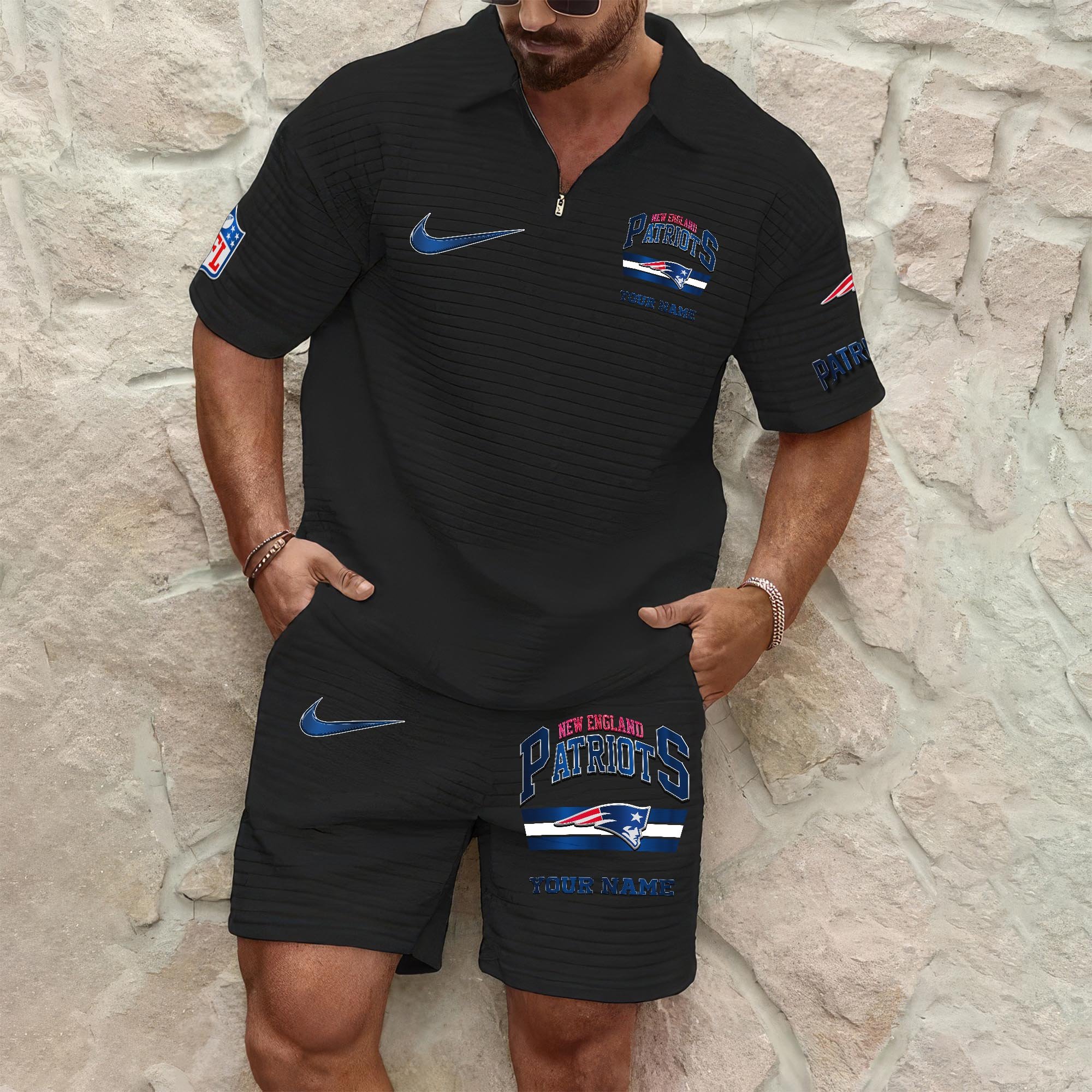 New England Patriots Men's Waffle Pattern Half Zipper Shirt And Short Custom Your Name, Gifts For Football Lovers EHIVM-05302417N