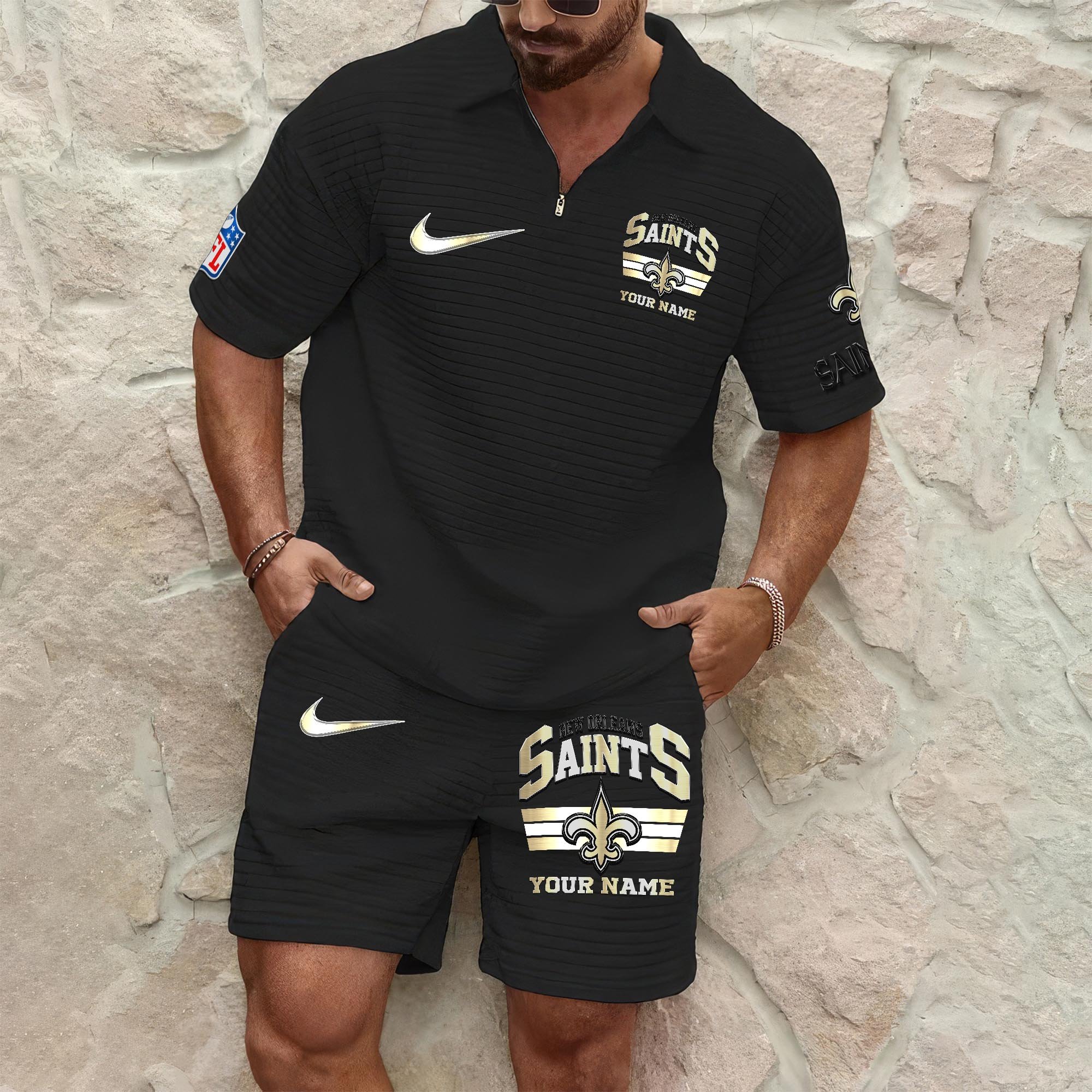New Orleans Saints Men's Waffle Pattern Half Zipper Shirt And Short Custom Your Name, Gifts For Football Lovers EHIVM-05302417N