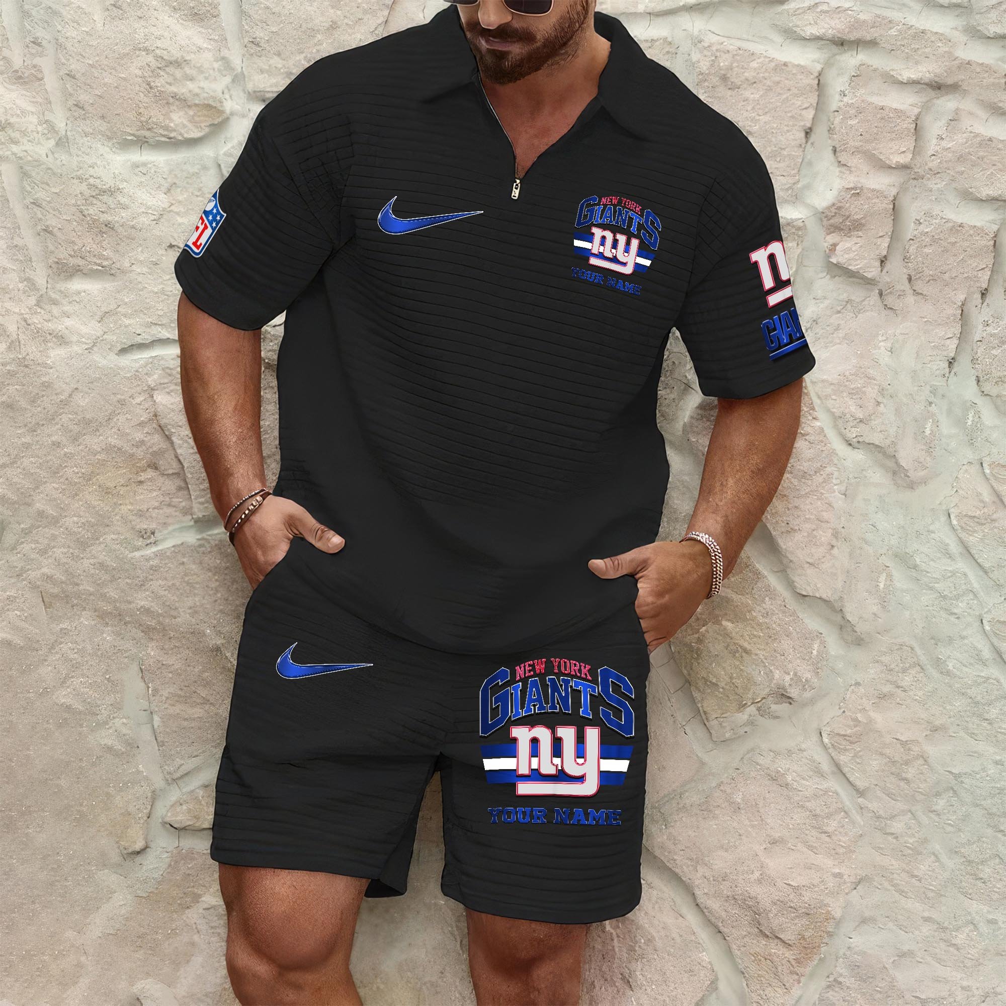 New York Giants Men's Waffle Pattern Half Zipper Shirt And Short Custom Your Name, Gifts For Football Lovers EHIVM-05302417N