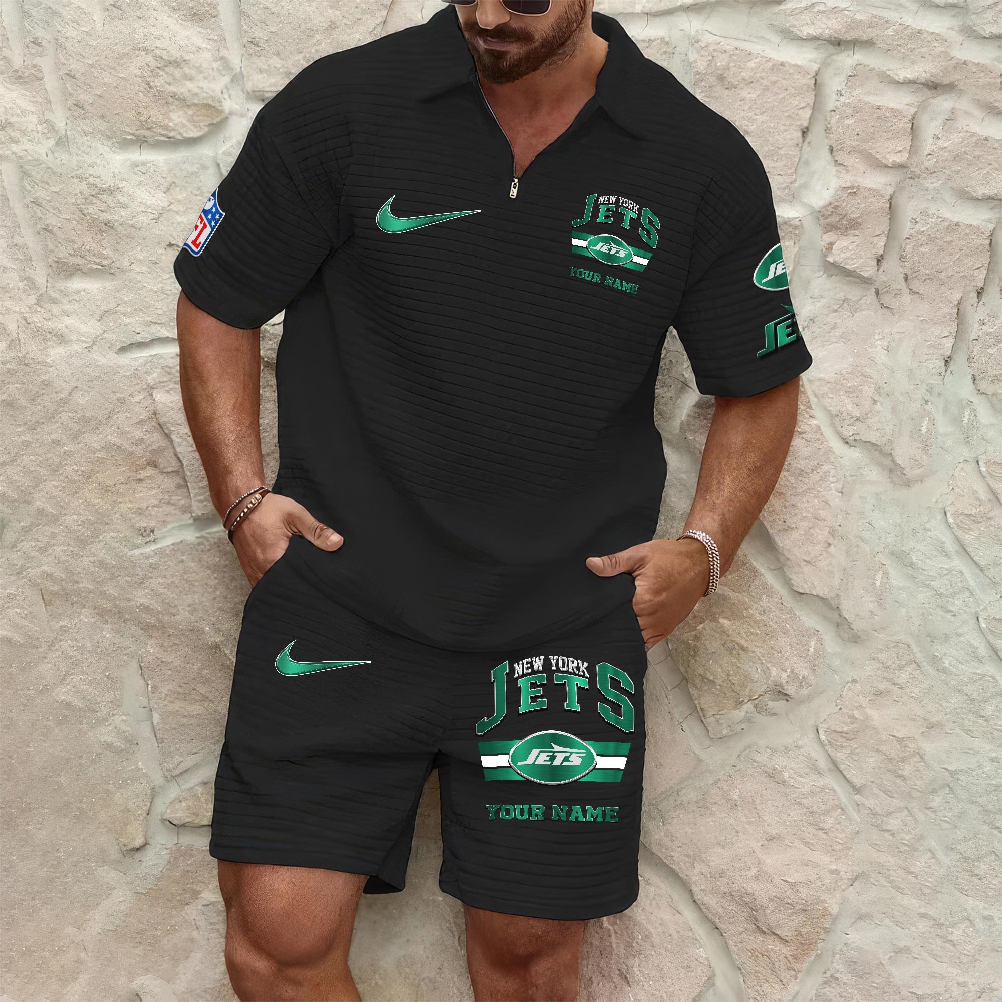 New York Jets Men's Waffle Pattern Half Zipper Shirt And Short Custom Your Name, Gifts For Football Lovers EHIVM-05302417N