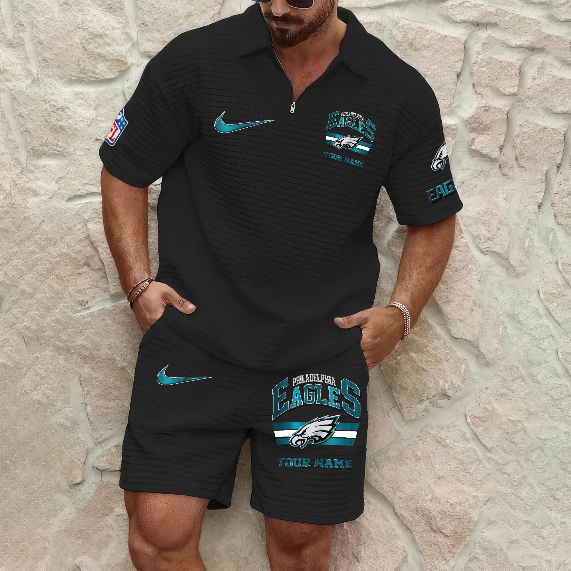 Philadelphia Eagles Men's Waffle Pattern Half Zipper Shirt And Short Custom Your Name, Gifts For Football Lovers EHIVM-05302417N