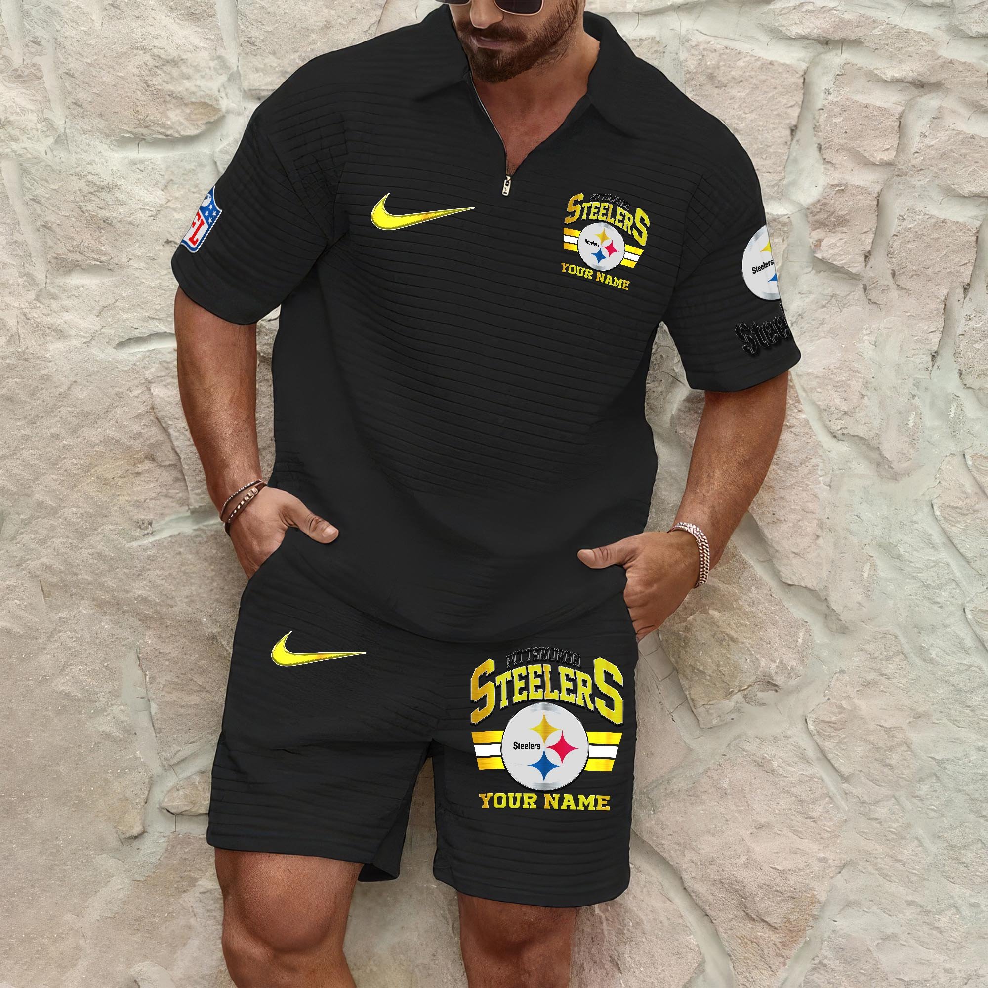 Pittsburgh Steelers Men's Waffle Pattern Half Zipper Shirt And Short Custom Your Name, Gifts For Football Lovers EHIVM-05302417N
