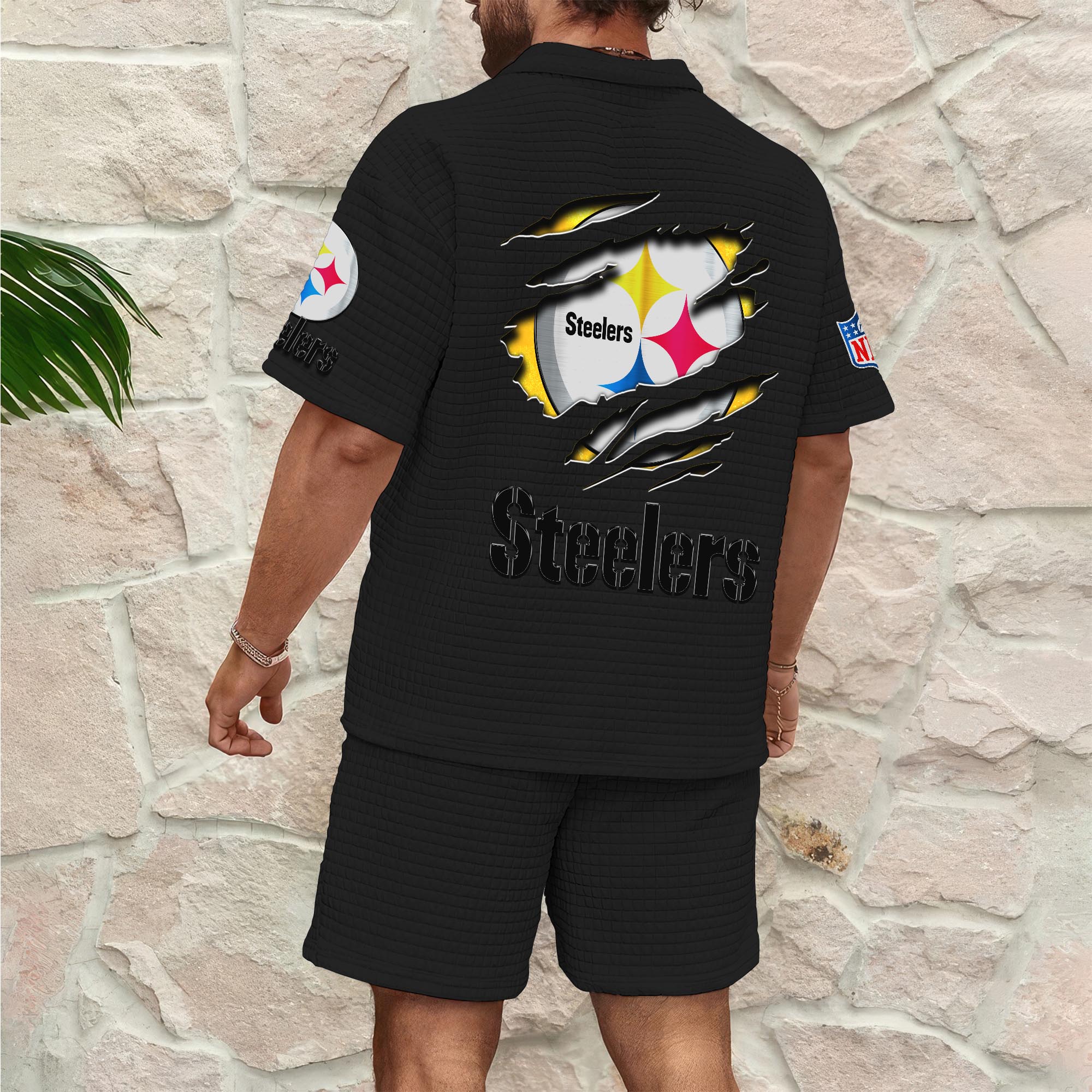 Alternative view of Pittsburgh Steelers Men's Waffle Pattern Half Zipper Shirt And Short Custom Your Name, Gifts For Football Lovers EHIVM-05302417N