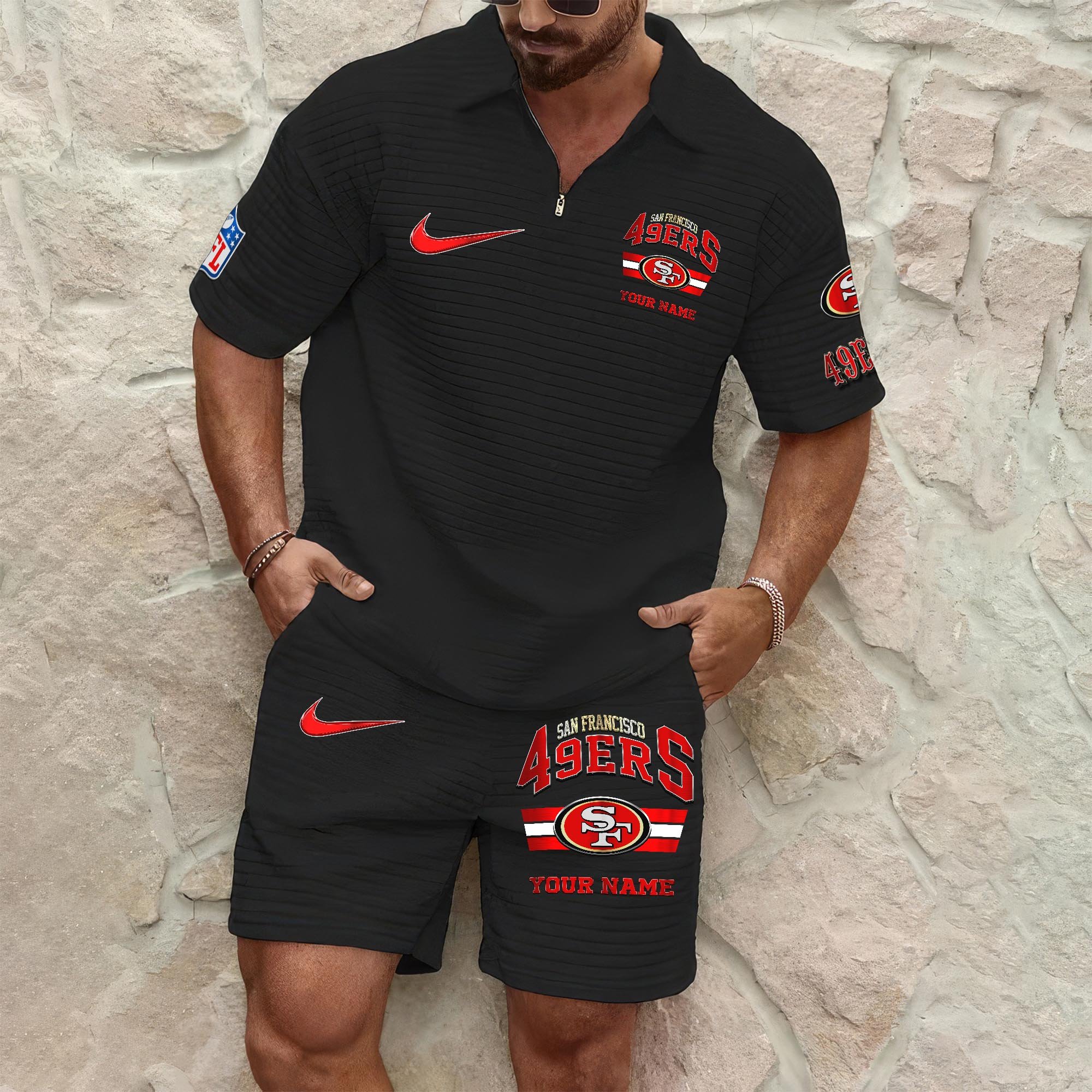 San Francisco 49ers Men's Waffle Pattern Half Zipper Shirt And Short Custom Your Name, Gifts For Football Lovers EHIVM-05302417N