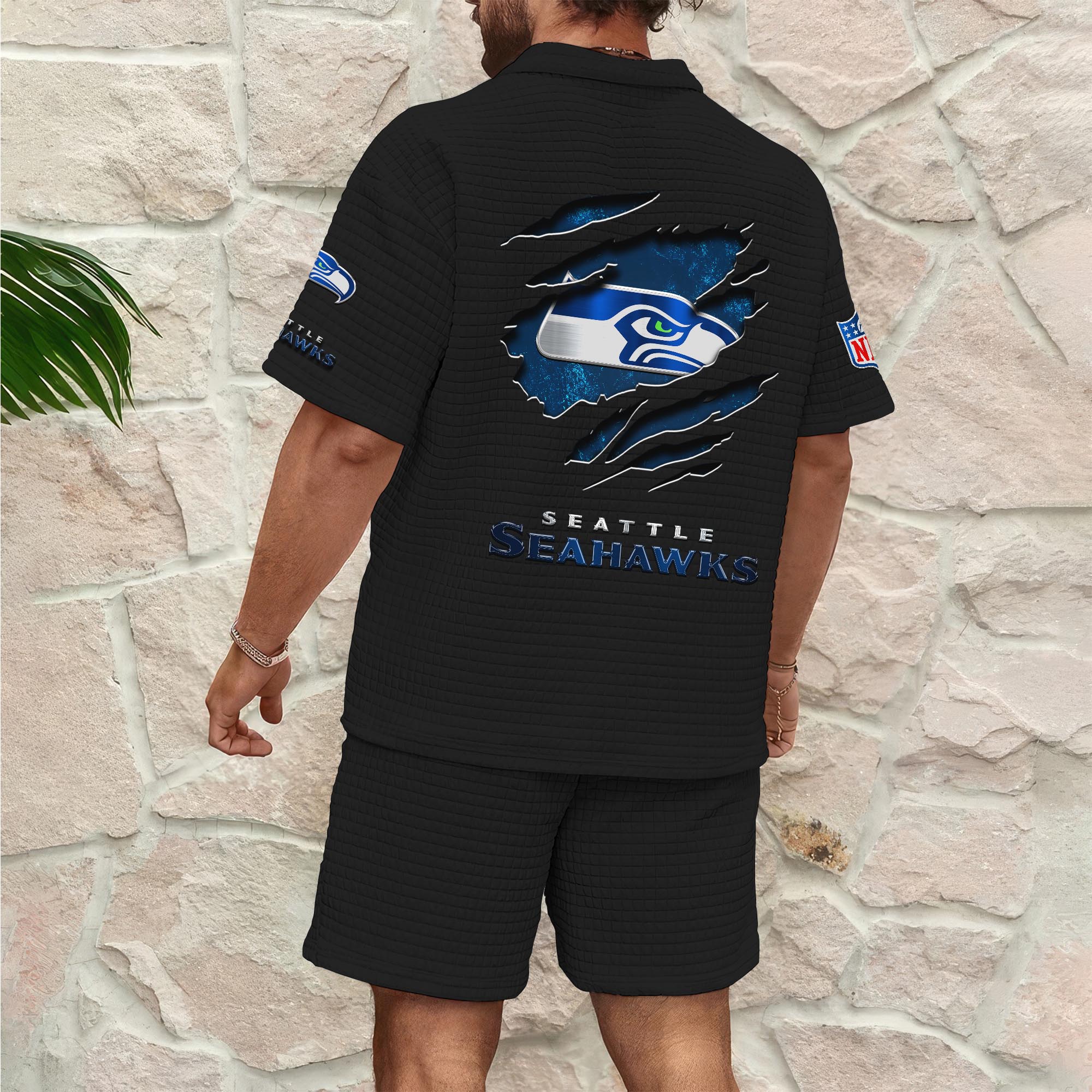 Alternative view of Seattle Seahawks Men's Waffle Pattern Half Zipper Shirt And Short Custom Your Name, Gifts For Football Lovers EHIVM-05302417N