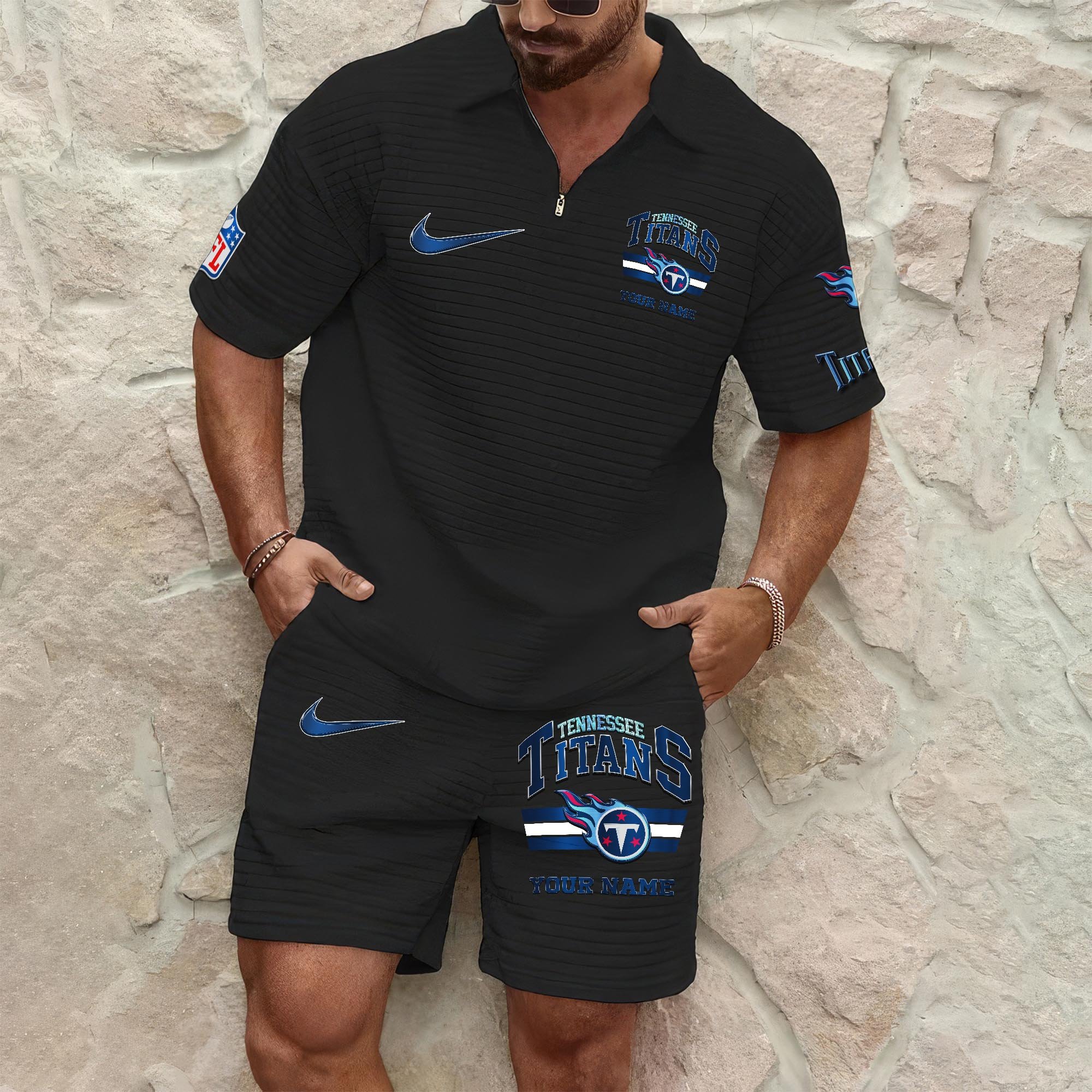 Tennessee Titans Men's Waffle Pattern Half Zipper Shirt And Short Custom Your Name, Gifts For Football Lovers EHIVM-05302417N
